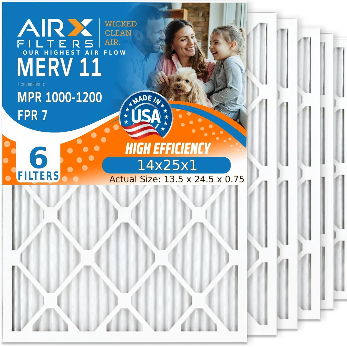Premium Premium 14x25x1 Air Filter MERV 11 Comparable to MPR 1000, MPR 1200 & FPR 7 Electrostatic Pleated Air Conditioner Filter 6 Pack HVAC Premium USA Made 14x25x1 Furnace Filters by AIRX FILTERS WICKED CLEAN AIR. - Great Deal!