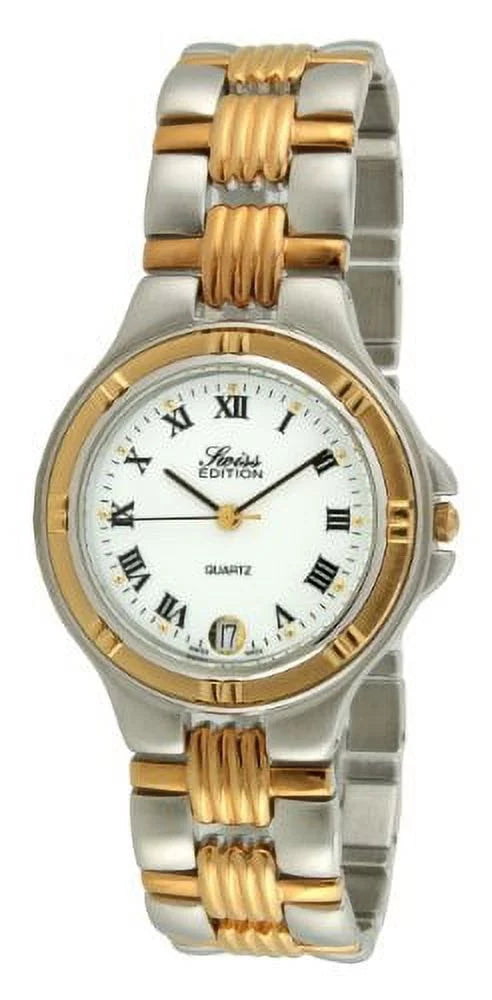 Swiss Edition Men's Two Tone Silver & 23K Gold Plated Luxury Roman Numeral White Dial Gold Bezel Dress Watch SE3606-M - Great Deal!