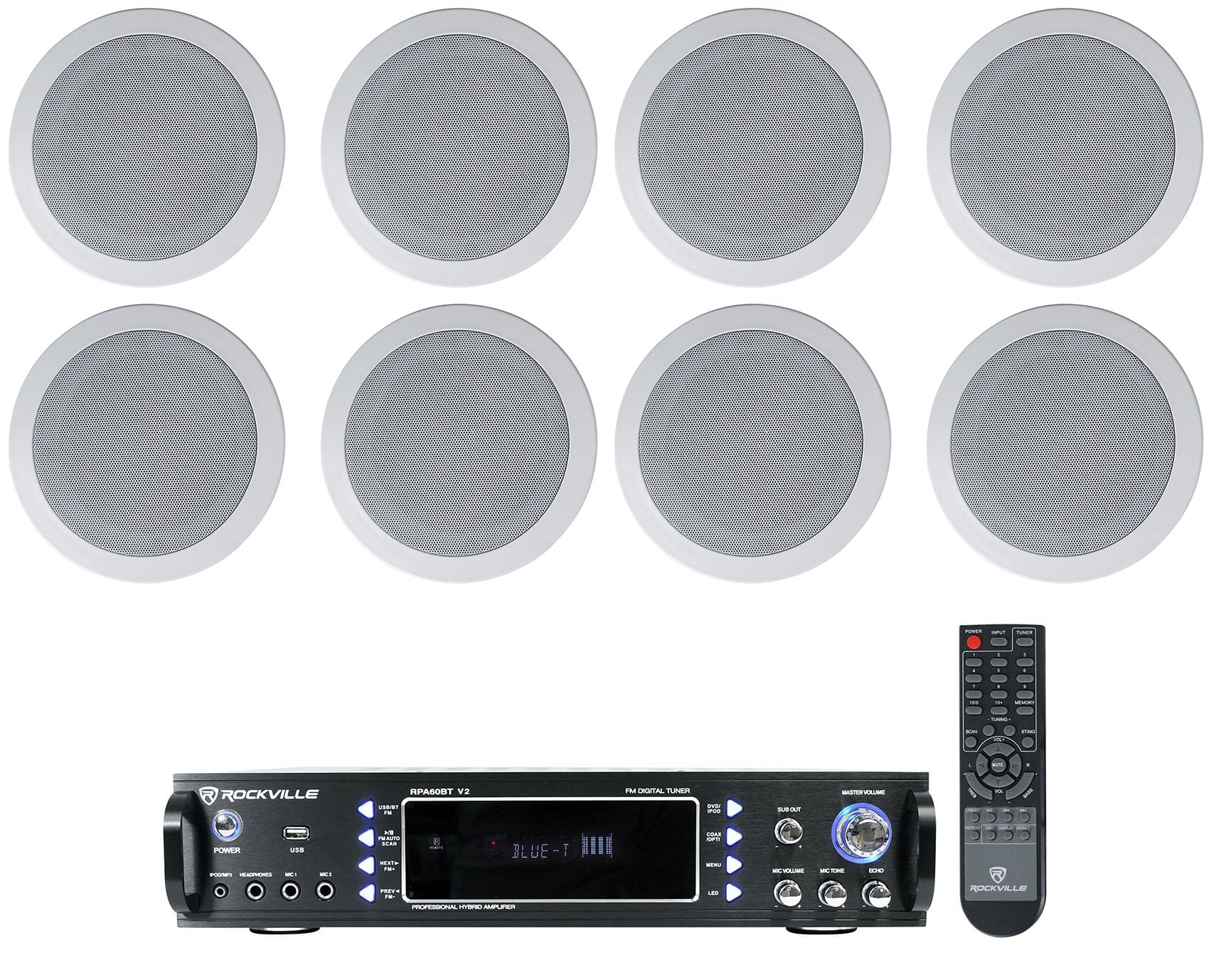 Premium Premium Rockville 1000w Amplifier+(8) 5.25" White Ceiling Speakers For Restaurant/Bar - Great Deal!