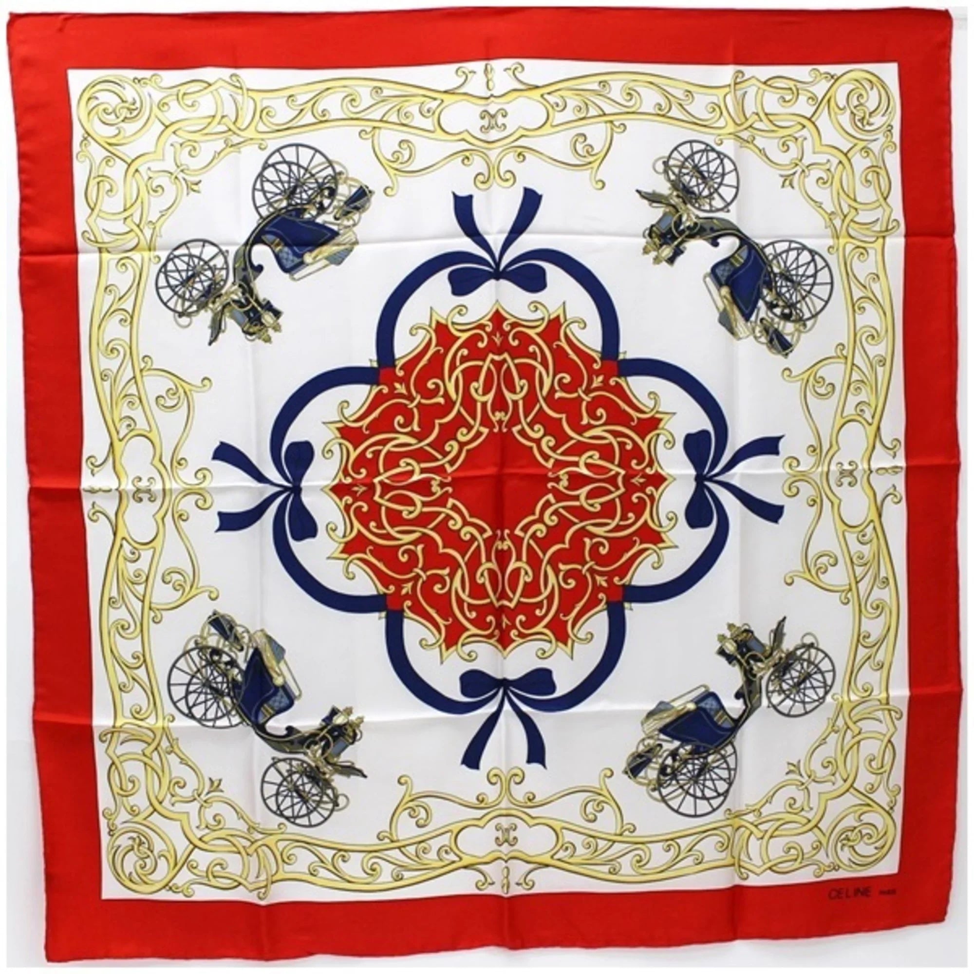 Pre-Owned Celine Silk Scarf Muffler Stole Red x White Carriage Pattern CELINE | Ladies Wall (Good) - Great Deal! - Great Deal!