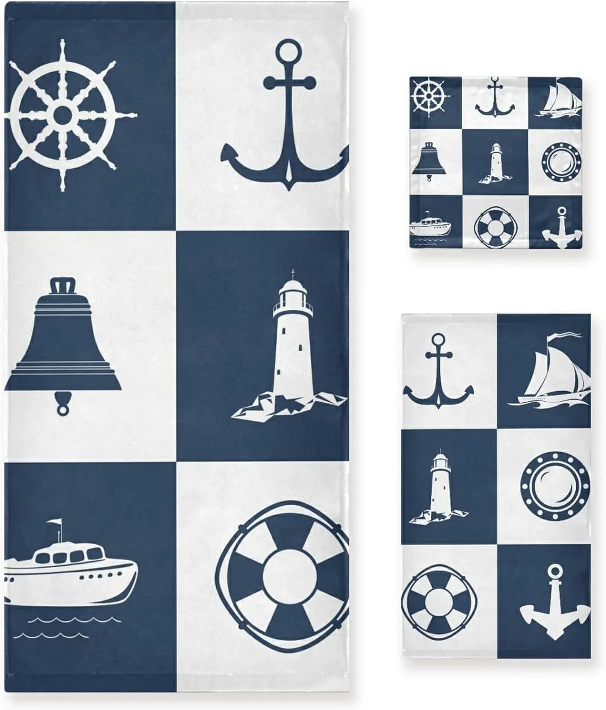 Bestwell Bath Towel Sets for Bathroom Hand Towels Fingertip Towels Sailing Vessel Anchor Lighthouse Checked 3 Piece Decorative Soft Cotton Absorbent - Great Deal!