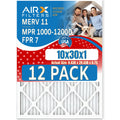 Premium 10x30x1 Air Filter MERV 11 Rating, 12 Pack of Furnace Filters Comparable to MPR 1000, MPR 1200 & FPR 7 - Made in USA by AIRX FILTERS WICKED CLEAN AIR.