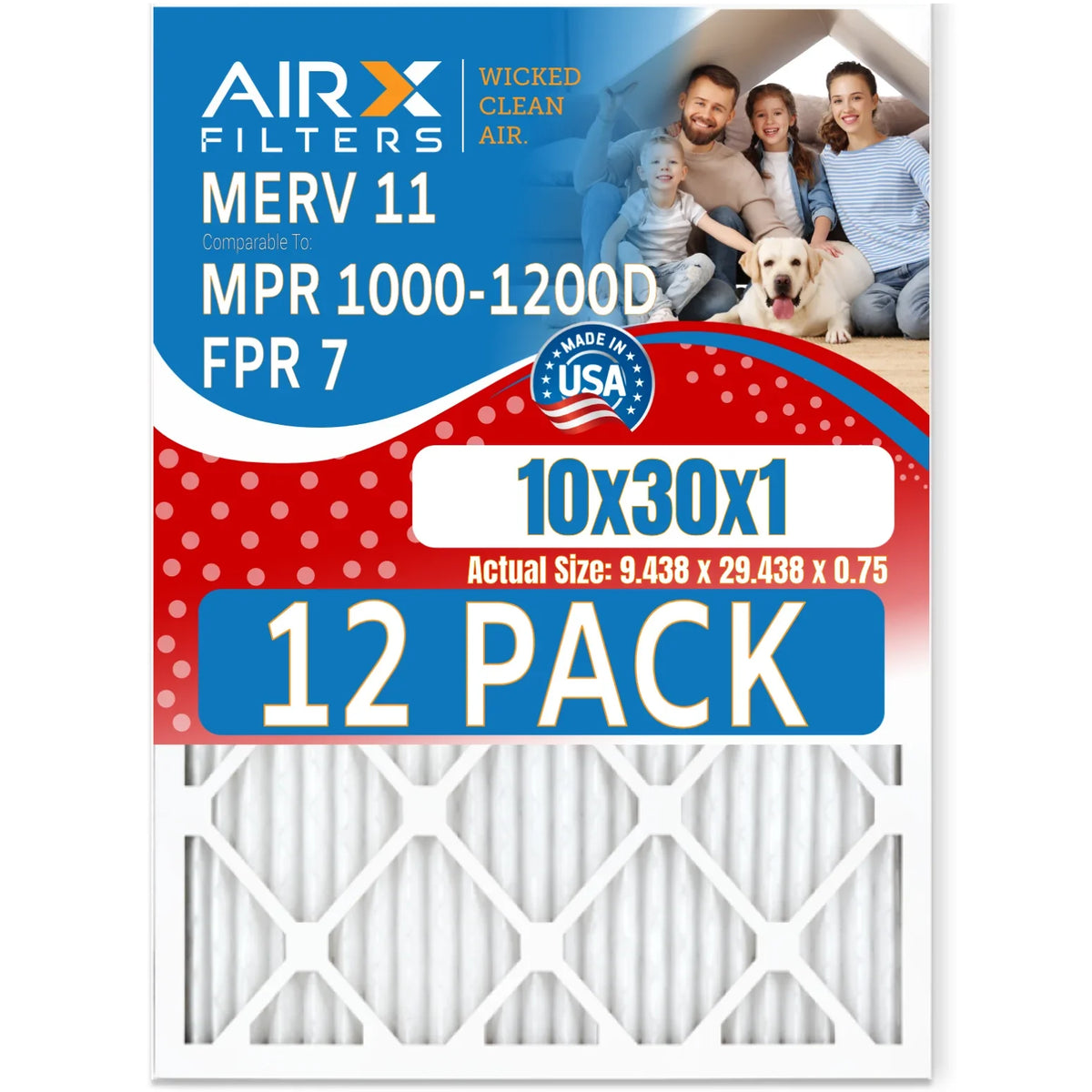 Premium 10x30x1 Air Filter MERV 11 Rating, 12 Pack of Furnace Filters Comparable to MPR 1000, MPR 1200 & FPR 7 - Made in USA by AIRX FILTERS WICKED CLEAN AIR.
