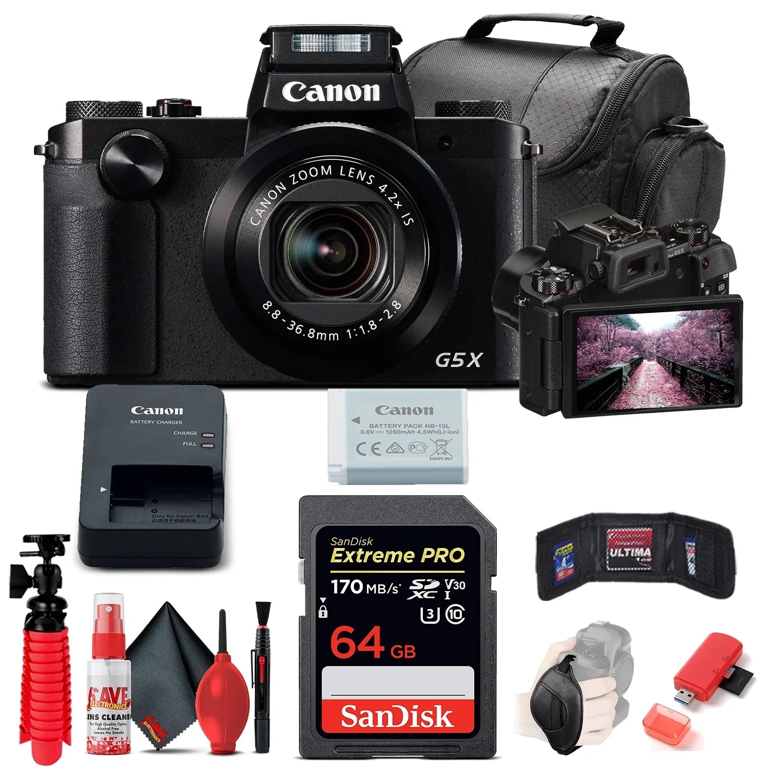 Canon PowerShot G5 X Digital Camera (0510C001), 64GB Card, Card Reader, Deluxe Soft Bag, Flex Tripod, Hand Strap, Memory Wallet, Cleaning Kit (International Model) - Great Deal!