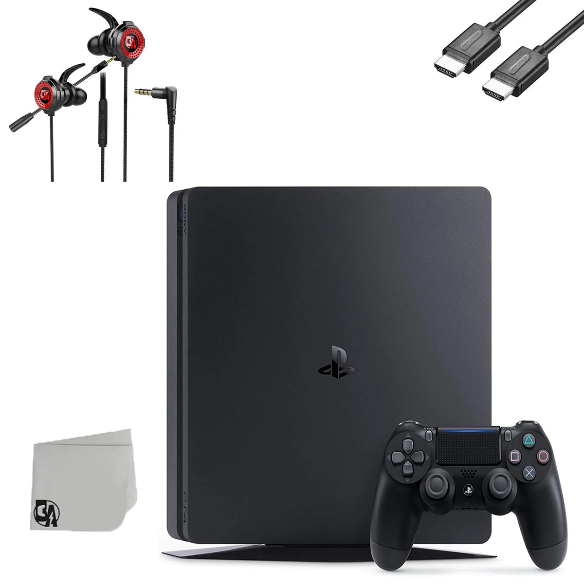 Premium Premium Sony PlayStation 4 Slim 500GB Black Gaming Console + Gaming Earbuds With Microphone BOLT AXTION Bundle Used - Great Deal!