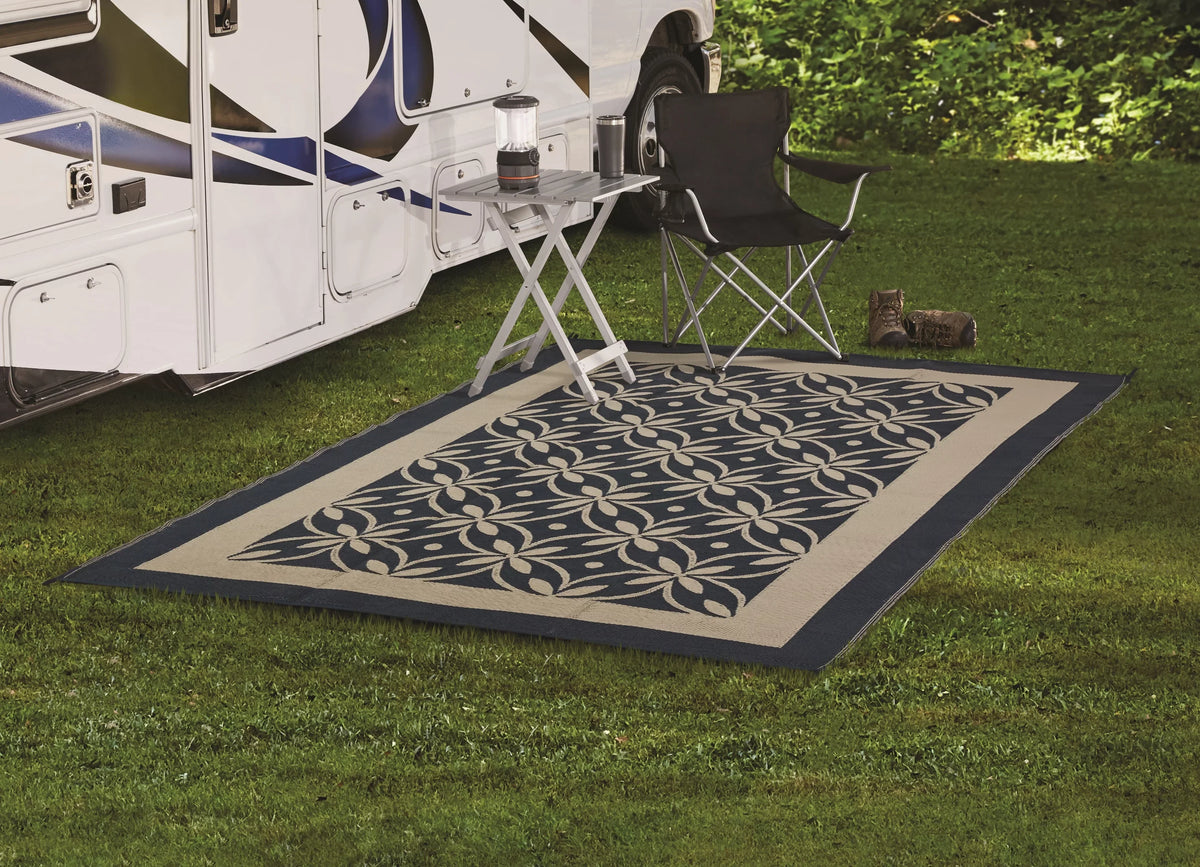 Premium Auto Drive Blue / Tan Flower Design 9x12ft Reversible RV Patio Mat, Good for RV Patios and Garden - Great Deal!