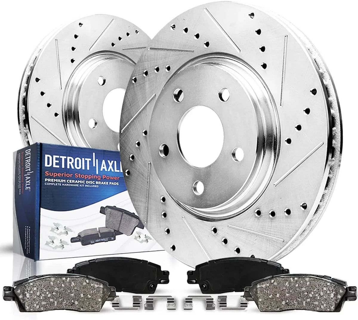 Premium Detroit Axle - Front Brake Kit for Dodge Grand Caravan Journey Chrysler Town & Country Routan Ram C/V Drilled and Slotted Brake Rotors Ceramic Brakes Pads Replacement : 11.89" Front Rotors - Great Deal! - Great Deal!
