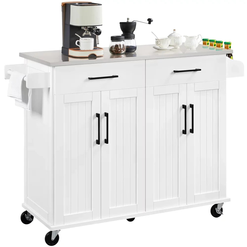 Premium Premium Yaheetech Kitchen Island with Storage Drawers & Cabinets & Towel Bar & Spice Rack, White