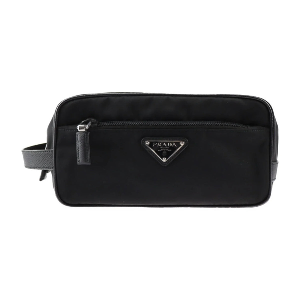 Pre-Owned PRADA Prada second bag 2NA819 nylon leather black silver hardware clutch handbag triangle logo (Good) - Great Deal!