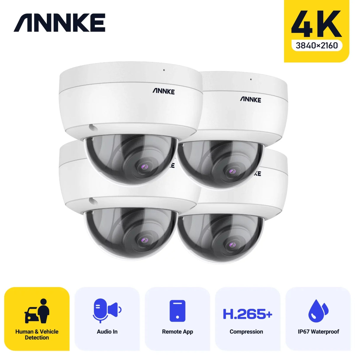 ANNKE 4Pcs Dome 8MP 4K Ultra HD PoE ONVIF IP Security Camera with H.265+ IP67 Weatherproof IK10 Vandal-Proof Audio Recording Supports 256 GB TF Card Remote Access Motion Alerts - Great Deal! - Great Deal!