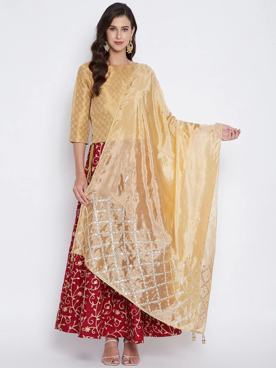 eloria Woman's Indian Ethnic Chunni, Silk blend Embroidered Golden Dupatta, Stole, Scarf Shawl Wrap - Great Deal! - Great Deal!