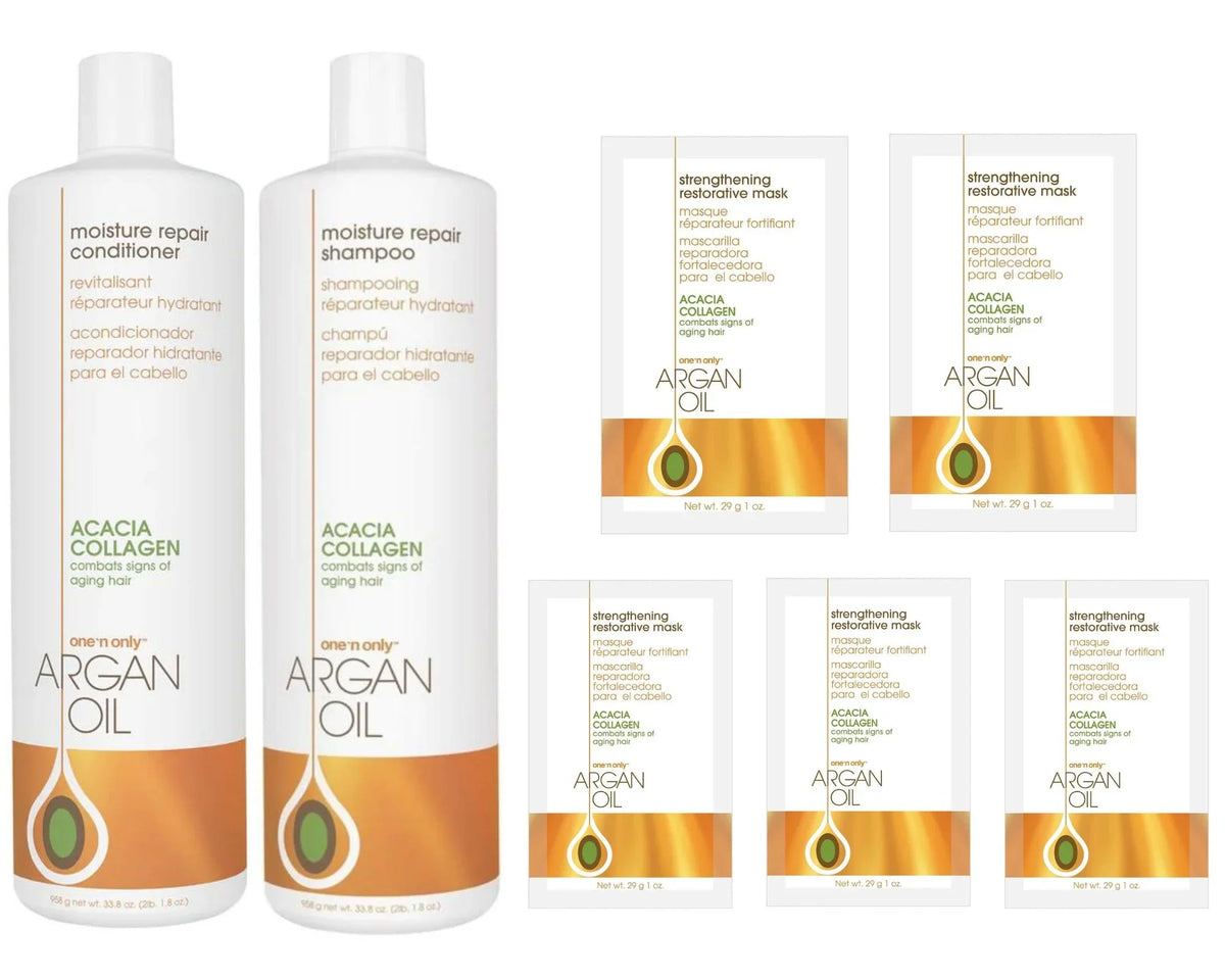 ONE N ONLY - Argan Oil - Moisture Repair (Shampoo+Conditioner) 33.8oz + Restorative Mask 5 Pack - Great Deal!