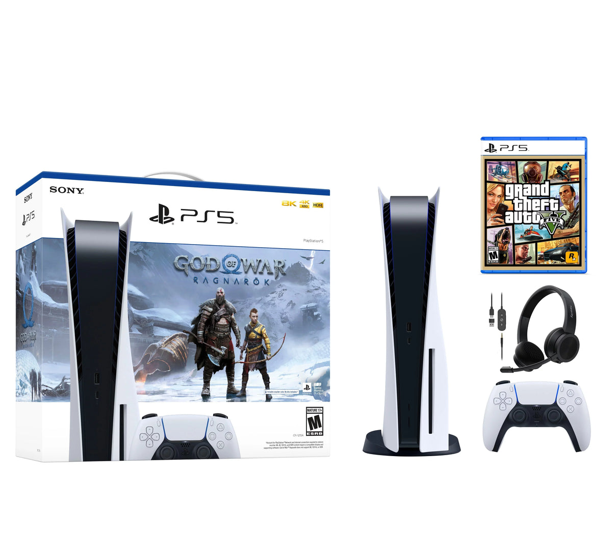 Sony Play Station 5 PS5 Disk Console Bundle God of War RagnarÃ¶k, Grand Theft Auto V, Nearity HP10 Headset with Microphone