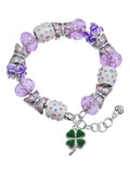 Premium Delight Jewelry Silvertone Green Four Leaf Clover with Heart Leaves Purple Butterfly Bead Charm Bracelet, 7"+1" Extender