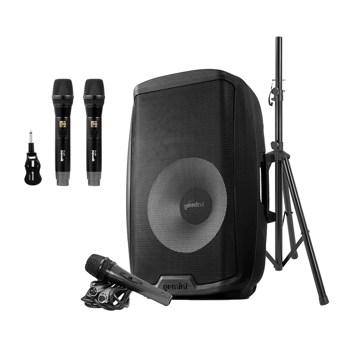 Premium Gemini 2,000-Watt Active 15-Inch Bluetooth Loudspeaker with Stand and Wired Microphone & GMU-M200 UHF Dual Wireless Microphone System , 843631171066 - Great Deal! - Great Deal!