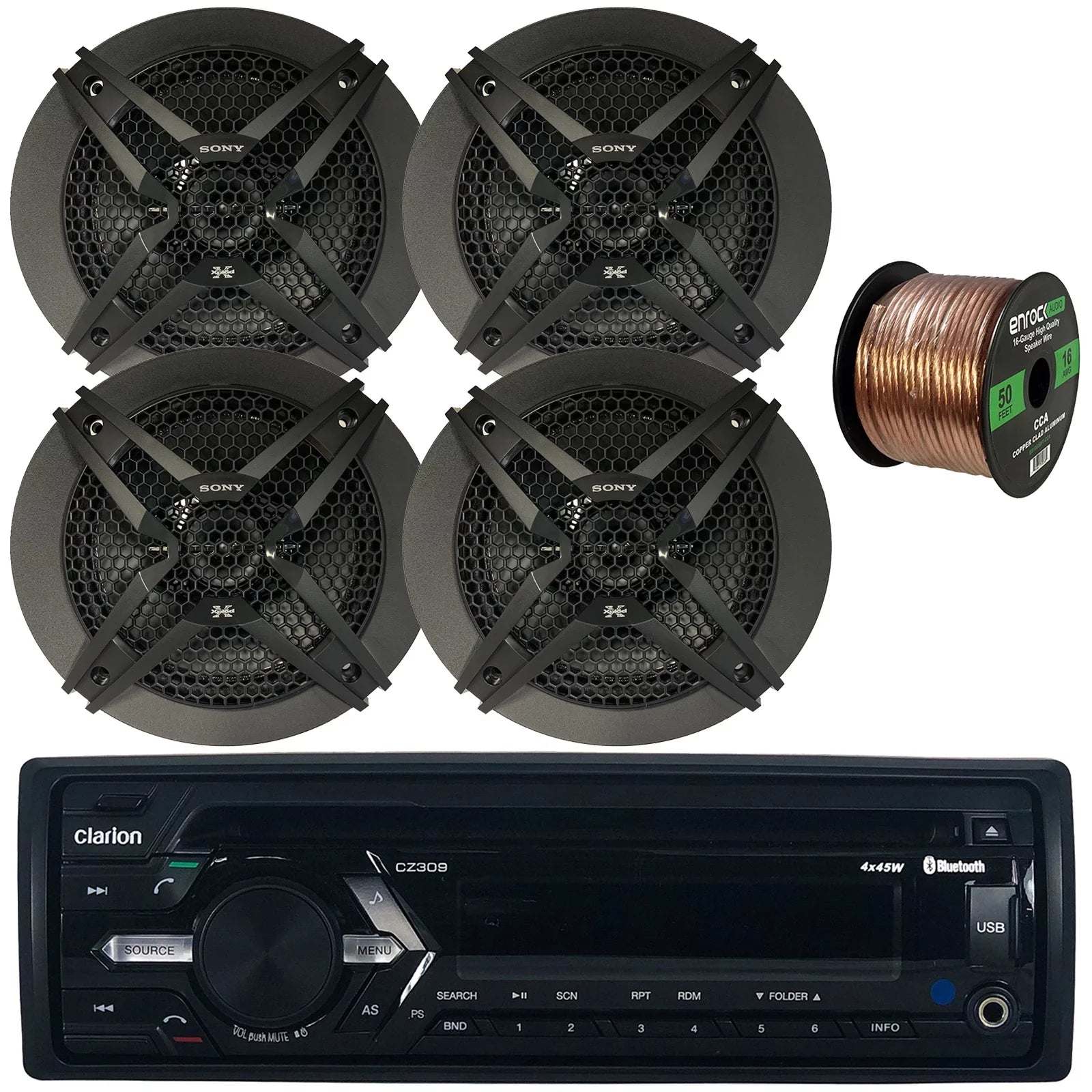 Premium Clarion CZ309 Single DIN AM/FM Radio Stereo USB AUX CD Player Car Audio Receiver Bundle Combo with 4x Sony 6.5" 3-Way 270 Watts Peak Power Car Audio Speakers, 16 AWG Gauge 50 Feet Speaker Wire