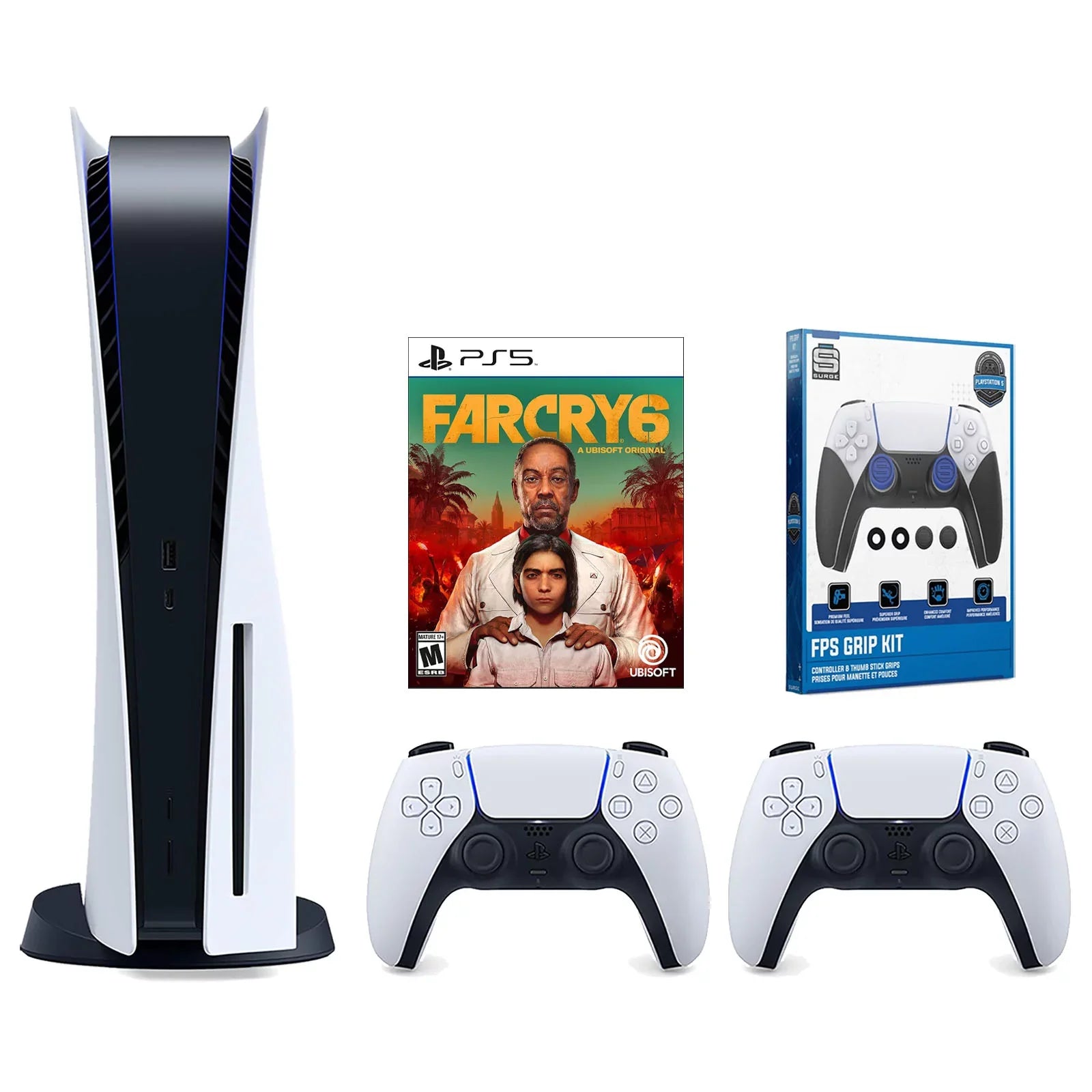 Premium Sony Playstation 5 Disc Version Console with Extra White Controller, Surge FPS Grip Kit With Precision Aiming Rings and Far Cry 6 Bundle