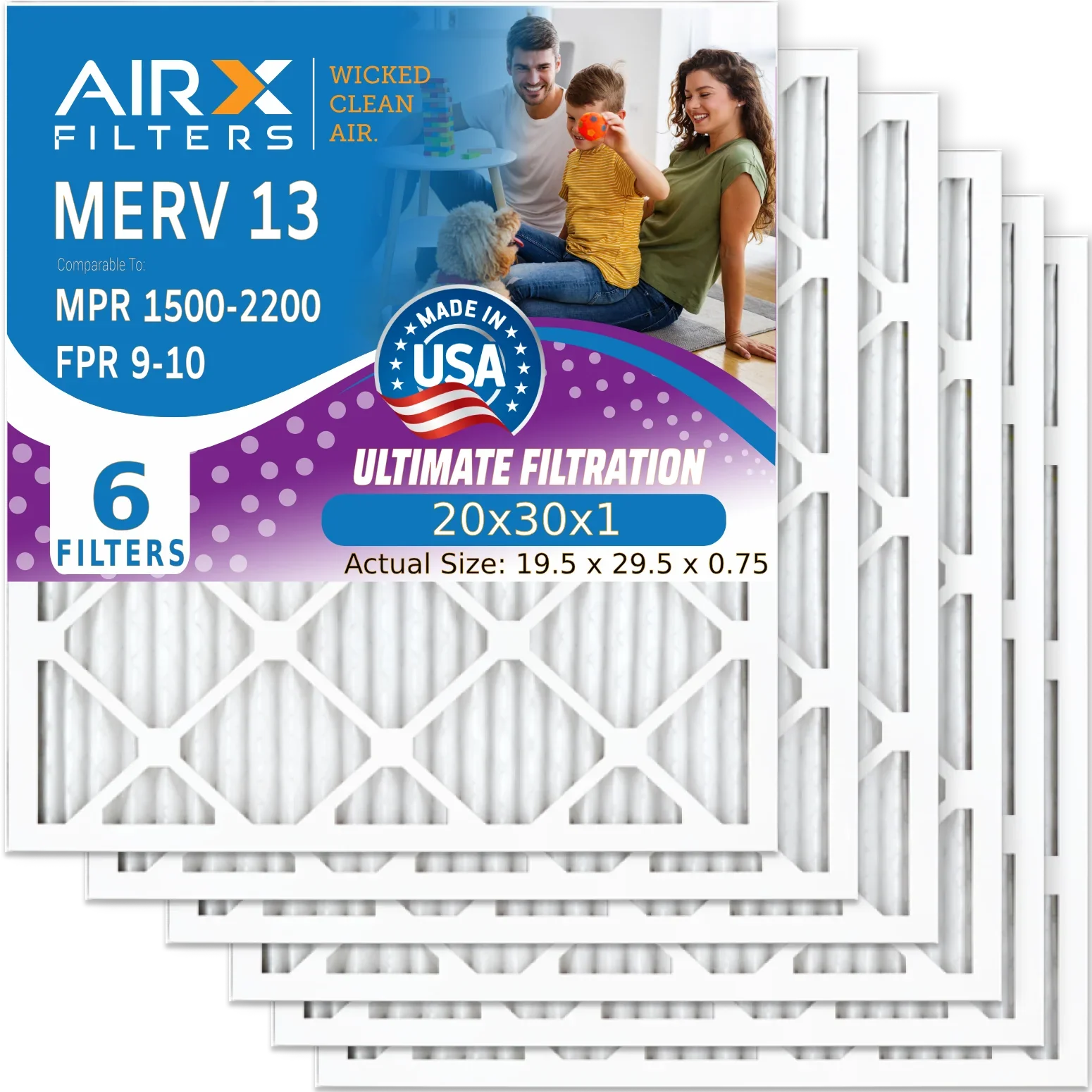 Premium 20x30x1 Air Filter MERV 13 Comparable to MPR 1500 - 2200 & FPR 9 Electrostatic Pleated Air Conditioner Filter 6 Pack HVAC AC Premium USA Made 20x30x1 Furnace Filters by AIRX FILTERS WICKED CLEAN AIR. - Great Deal!