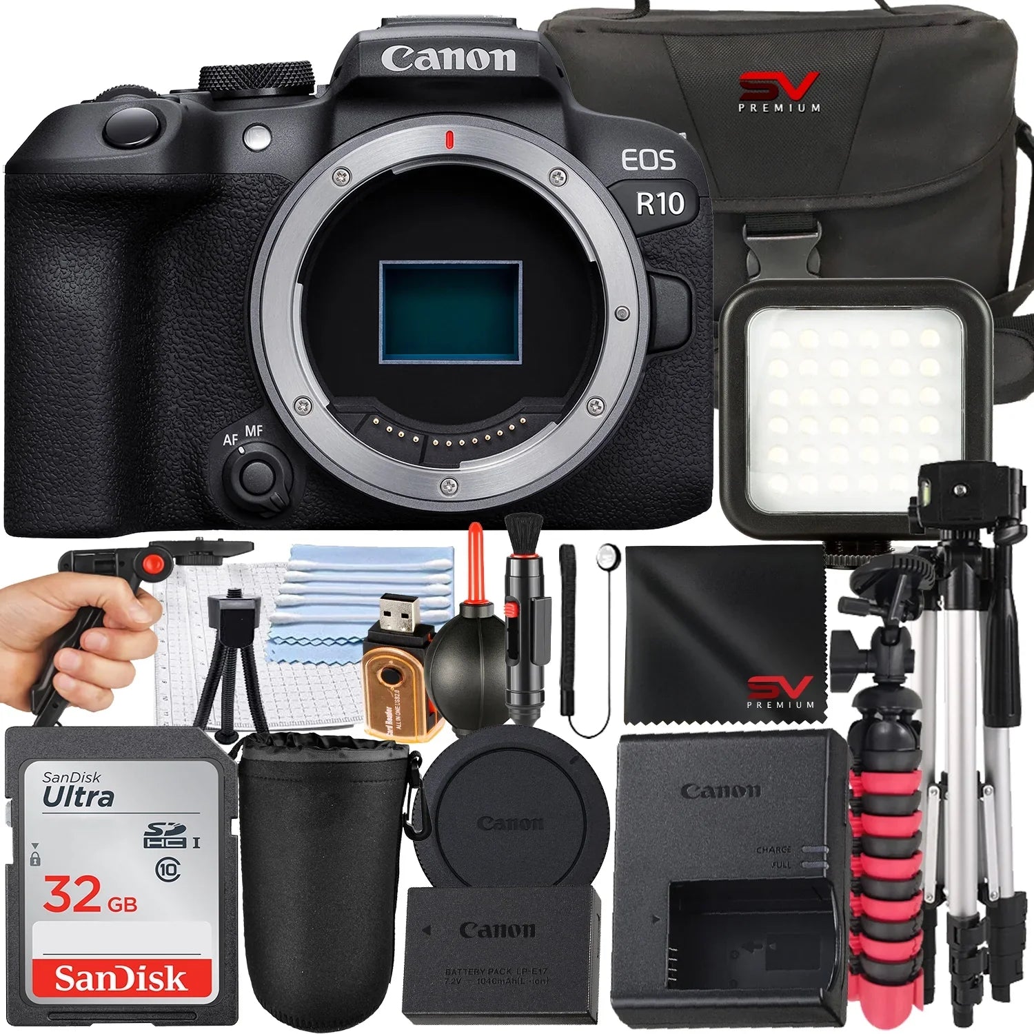 Premium Premium Canon EOS R10 Mirrorless Camera (Body Only) with SanDisk 32GB Memory Card + Case + Tripod + SV Premium Accessory Bundle