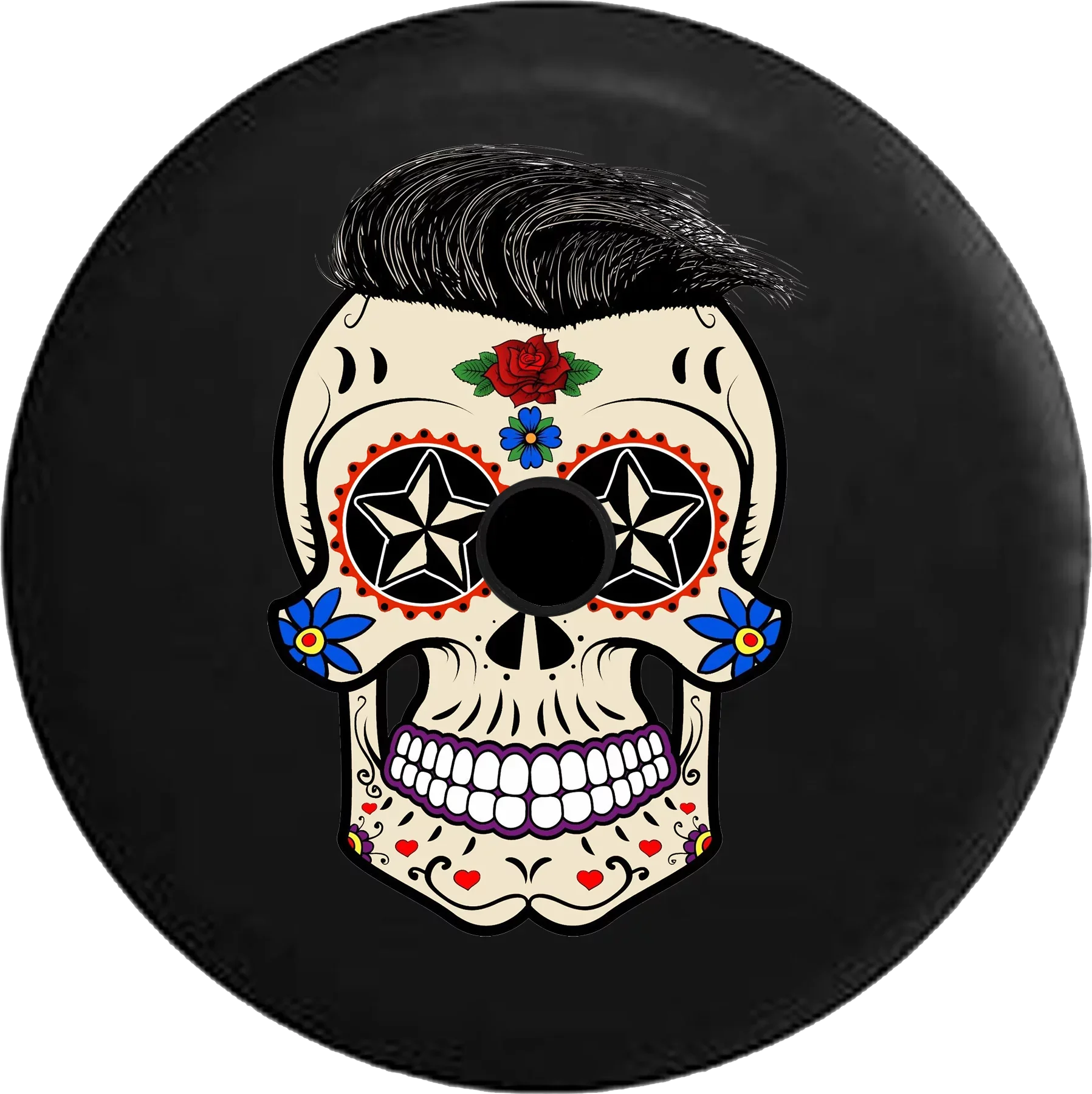 Premium 2018 2019 Wrangler JL Backup Camera Sugar Skull Tattoo with Hair Spare Tire Cover for Jeep RV 33 Inch
