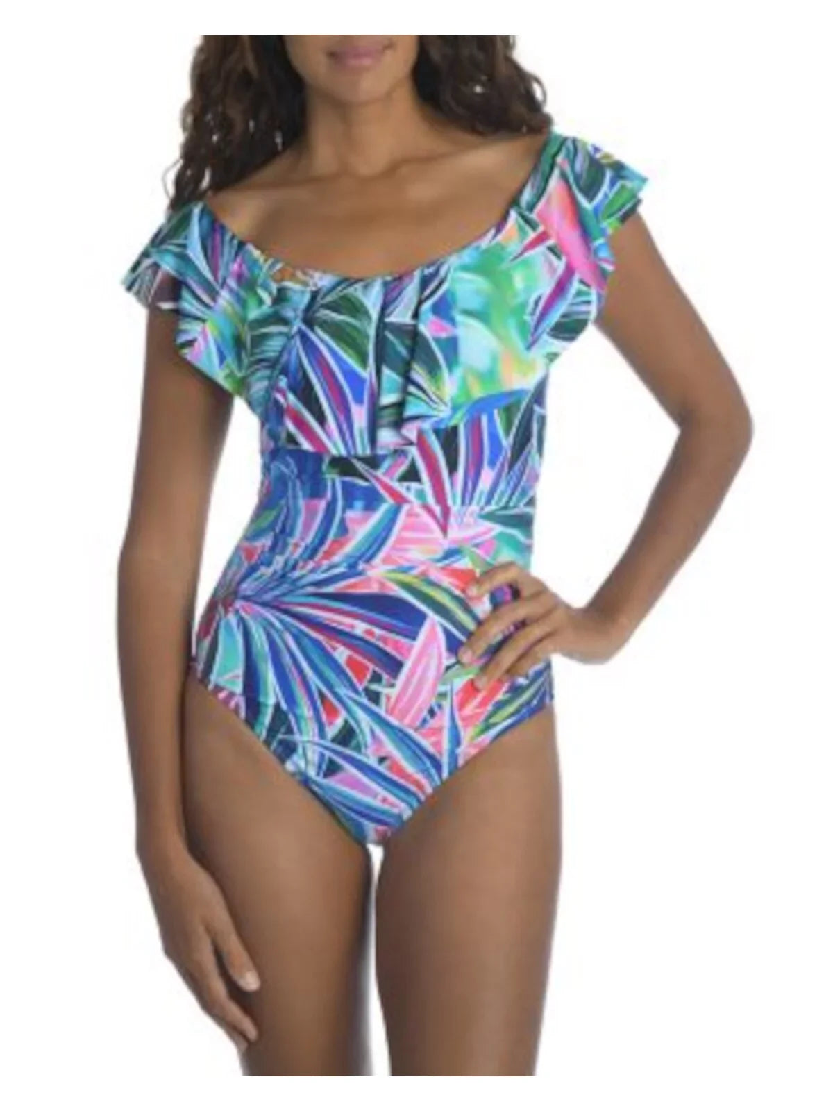 Premium Premium LA BLANCA Women's Blue Printed Off The Shoulder One Piece Swimsuit 10 - Great Deal!
