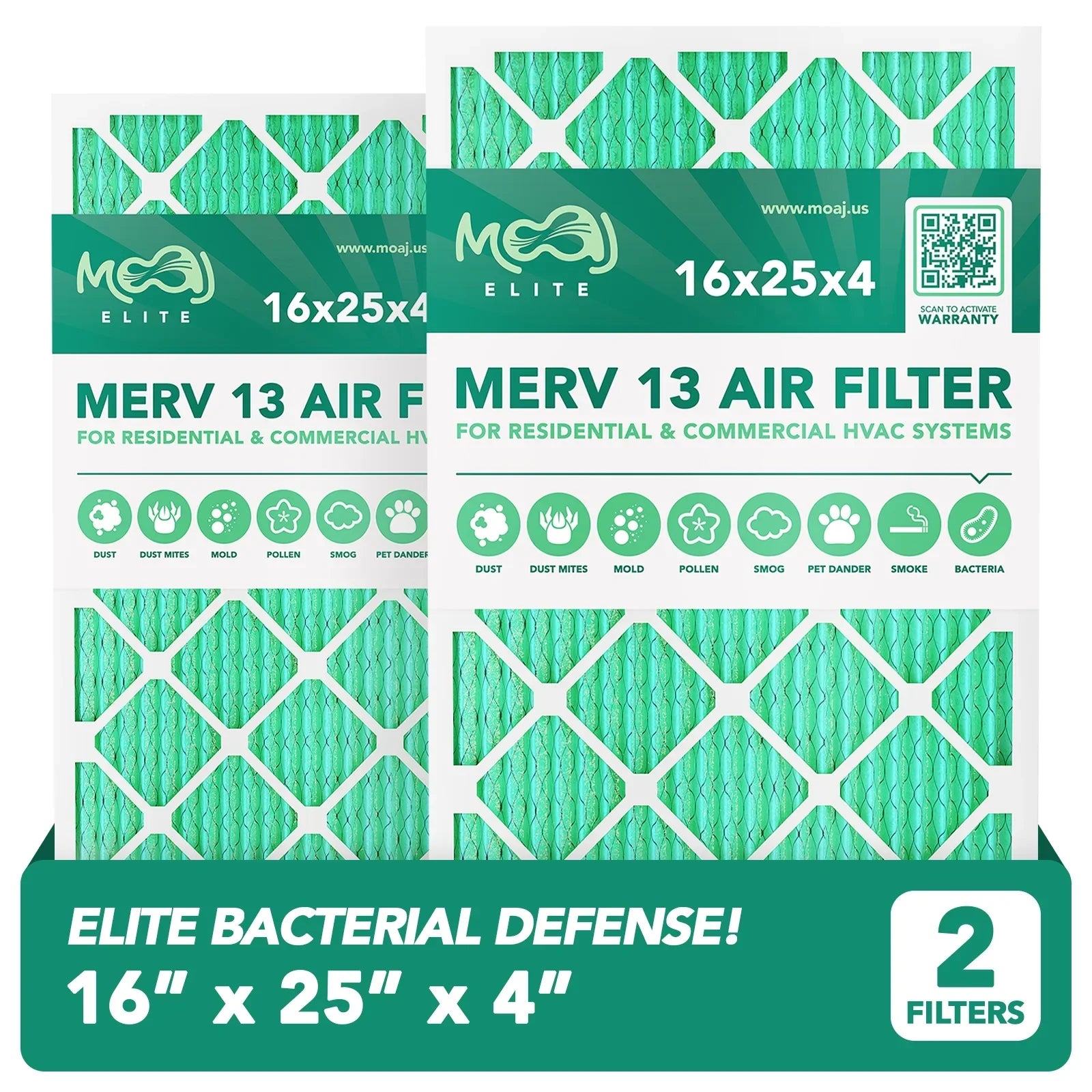 Premium 16x25x4 Air Filter (2-PACK) | MERV 13 | MOAJ Elite Bacterial & Viral Defense | BASED IN USA | Pleated Replacement Air Filters for AC & Furnace Applications | Actual Dimensions: 15.88" x 24.88" x 4.31" - Great Deal! - Great Deal!