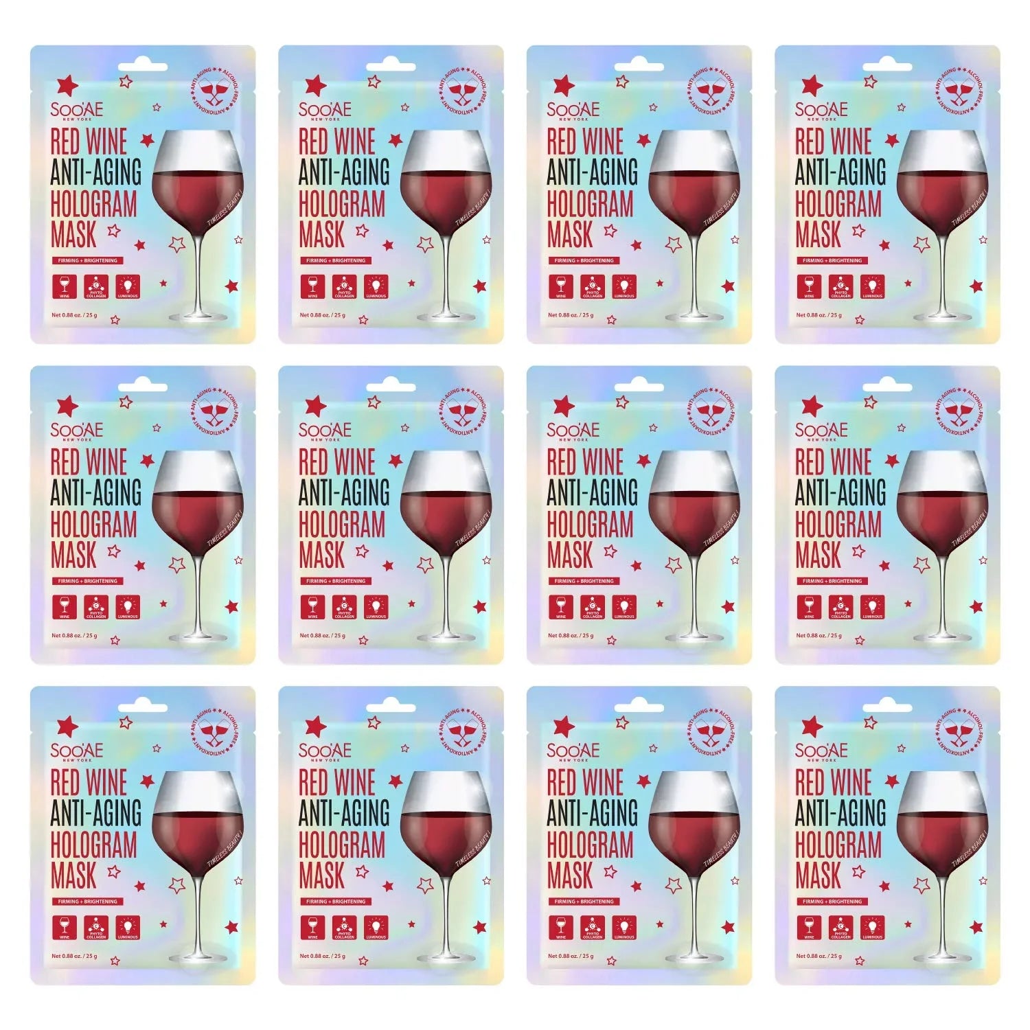 Premium Soo,Ae Red Wine Anti-Aging Hologram Mask [12 Count] Vegan Collagen Antioxidants To Firm, Restore And Brightening Skin, Korean Beauty Sheet Mask Hydrate Glow Brighting Premium Facial Mask Face Wra - Great Deal!
