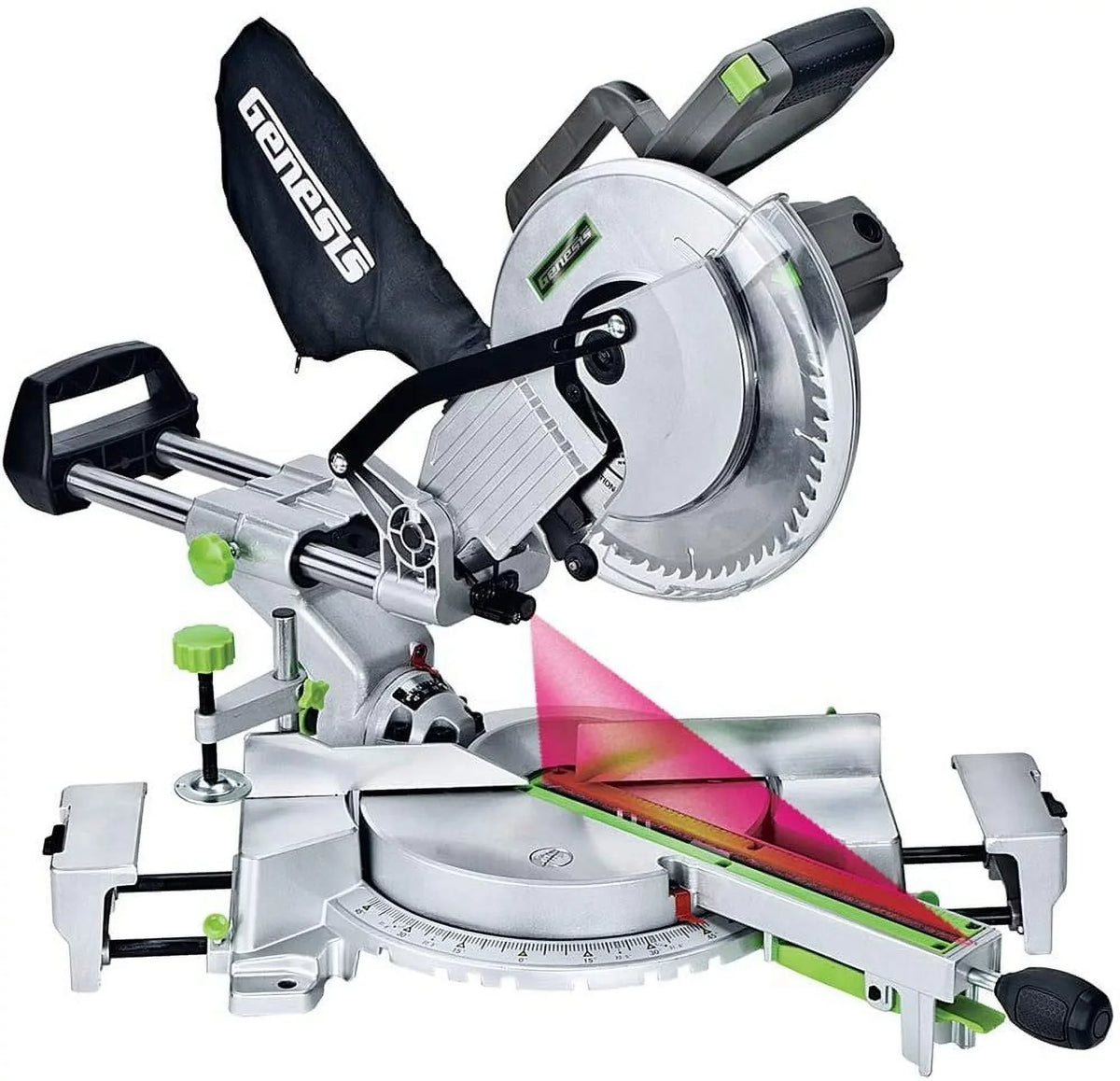 Premium Genesis GMSDR1015LC 15 Amp 10" Sliding Compound Miter Saw with Laser Light, Electric Brake, Spindle Lock, Dust Bag, Extension Wings, and 60T Carbide-Tipped Blade - Great Deal!
