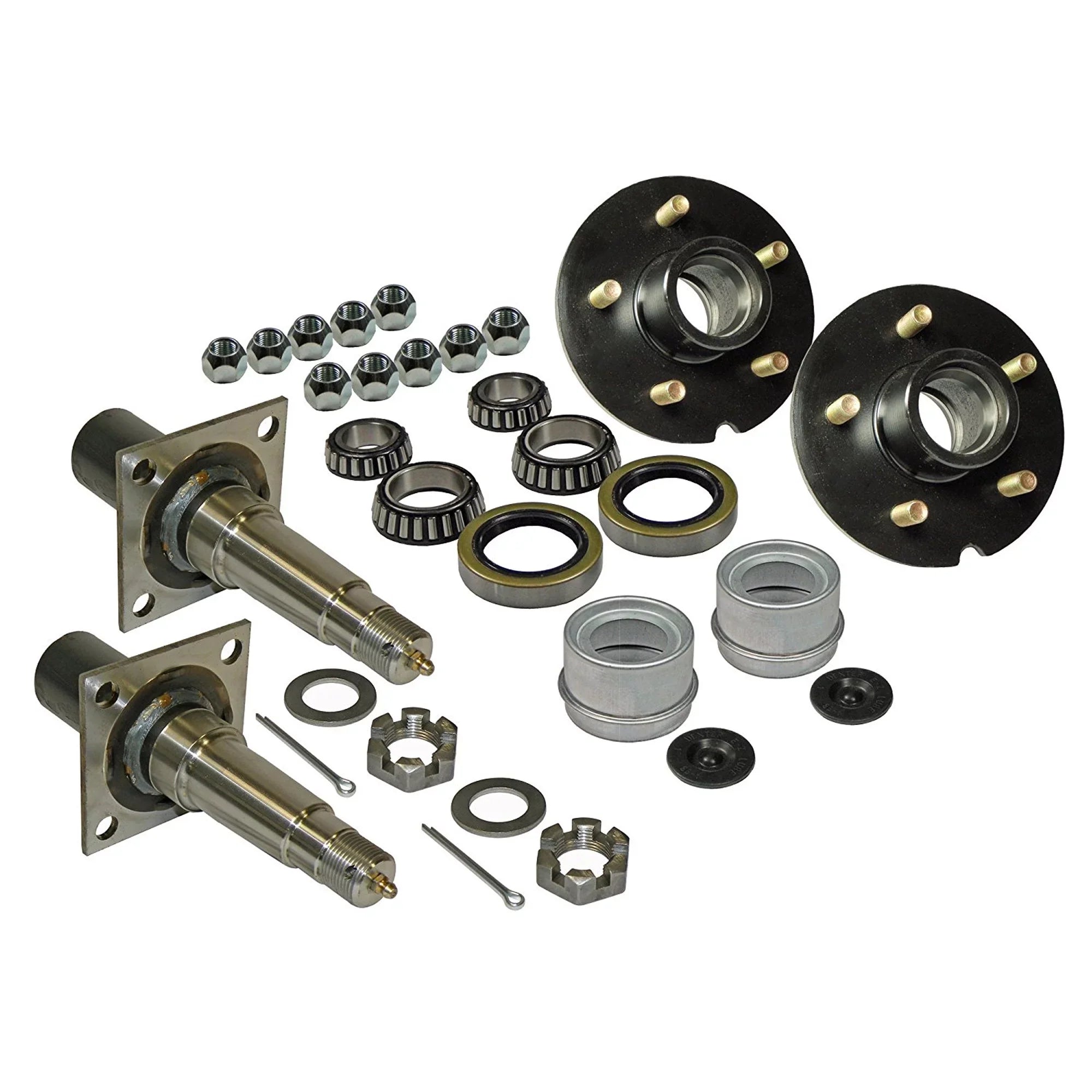 Pair of 5-Bolt on 4-1/2 Inch Trailer Hub Assemblies - Includes (2) Flanged, 1-3/8 Inch to 1-1/16 Inch Tapered Spindles &amp; Bearings - Great Deal!