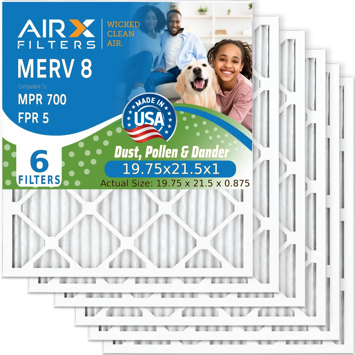 Premium 19.75x21.5x1 Air Filter MERV 8 Comparable to MPR 700 & FPR 5 Electrostatic Pleated Air Conditioner Filter 6 Pack HVAC AC Premium USA Made 19.75x21.5x1 Furnace Filters by AIRX FILTERS WICKED CLEAN AIR.