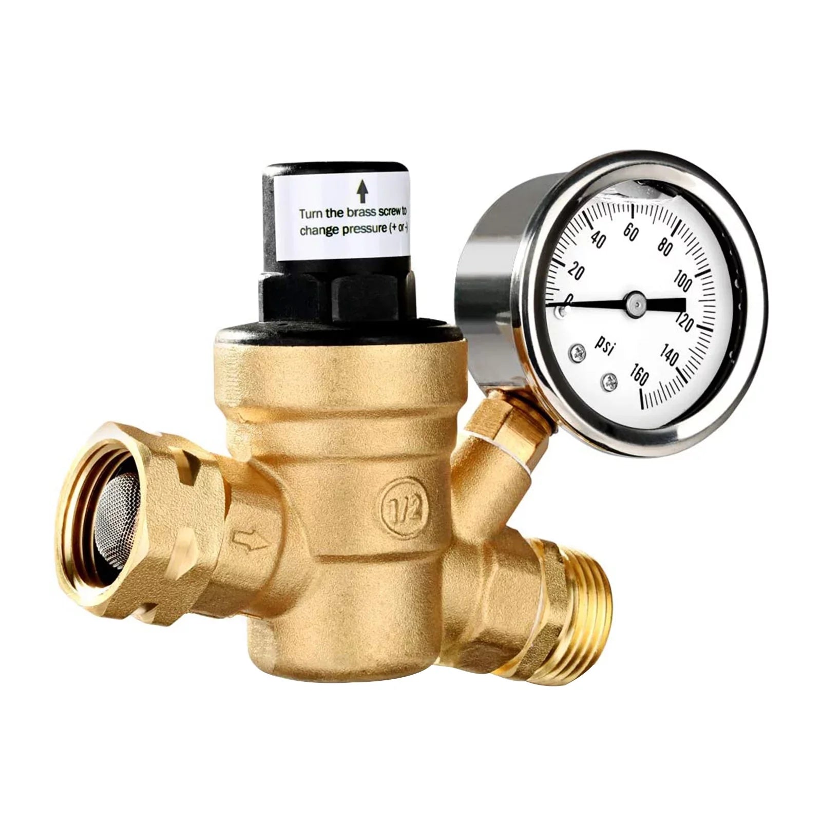 moobody Brass Water Pressure Regulator Valve for RV Travel Trailer, Adjustable Reducer with Gauge and Inlet Screened Filter - Great Deal!
