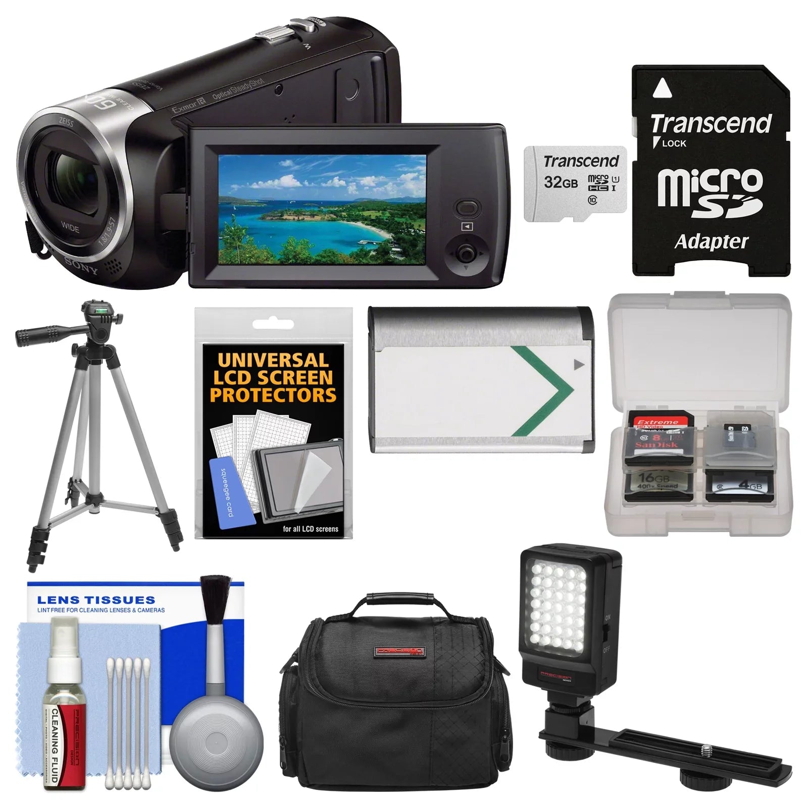 Premium Sony Handycam HDR-CX405 1080p HD Video Camera Camcorder with 32GB Card + Case + LED Light + Battery + Tripod + Kit - Great Deal!
