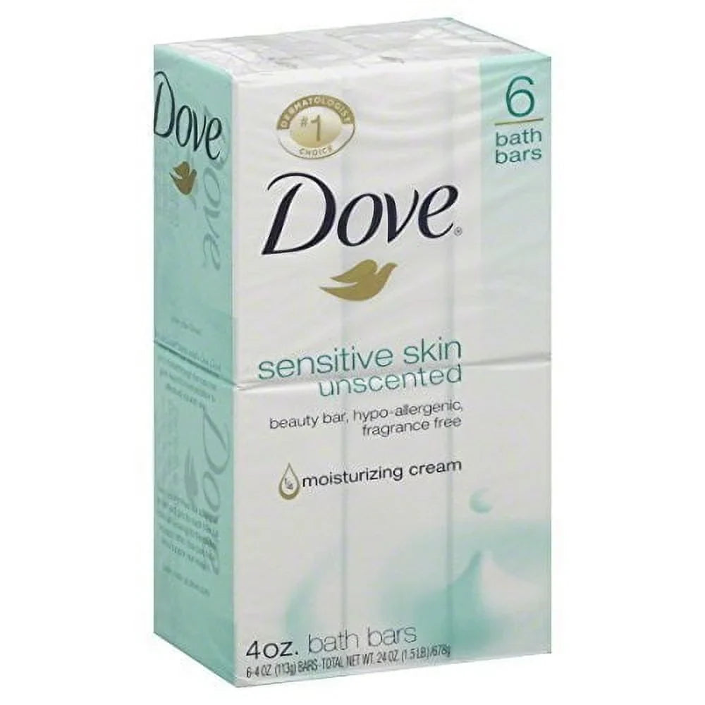 Dove Bath Bars, Sensitive Skin, Unscented 6-4 oz (113 g) bars [24 oz (1.5 lb) 678 g] (Packaging may vary) - Great Deal! - Great Deal! - Great Deal!