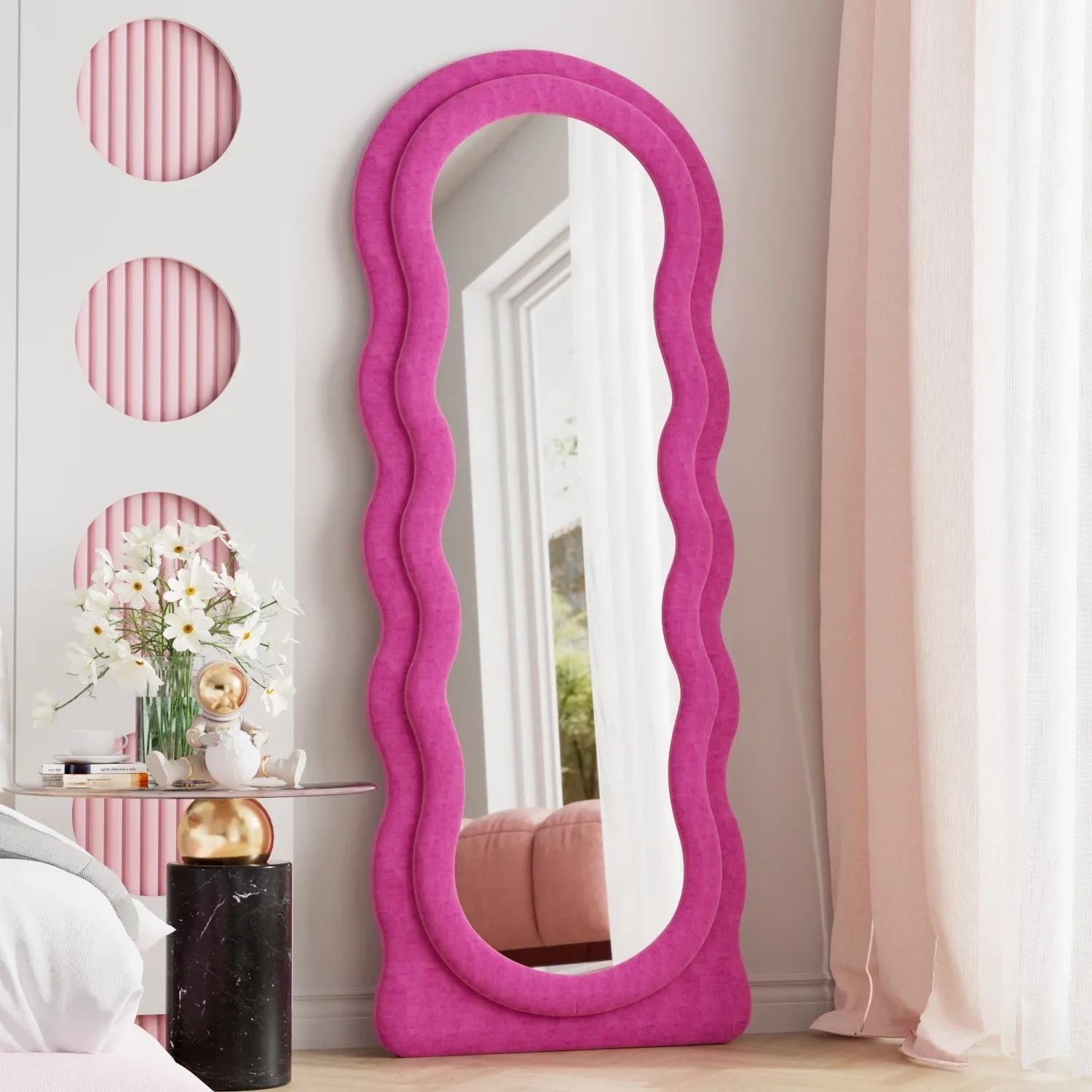 Premium Premium VLUSH Wavy Full Length Mirror, Freestanding Floor Mirror with Stand, 63"x24" Wall Mounted Mirror for Bedroom (Pink)
