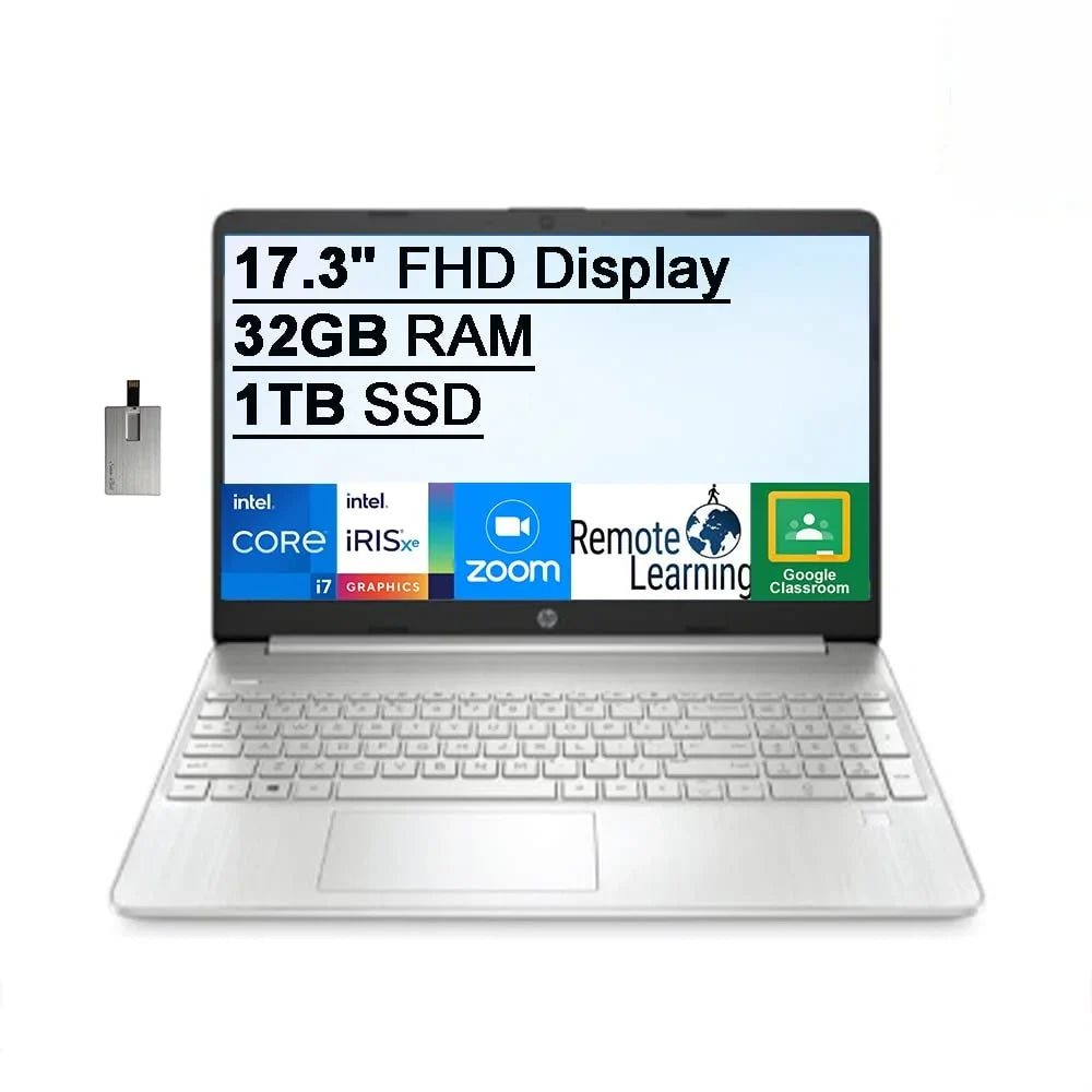 Premium Premium 2021 17.3" FHD IPS Laptop Computer, 11th Generation i7-1165G7, 32GB RAM, 1TB PCIe SSD, Backlit Keyboard, Iris Xe Graphics, HD Webcam, HD Audio, Windows OS, Silver, 32GB USB Card - Great Deal!