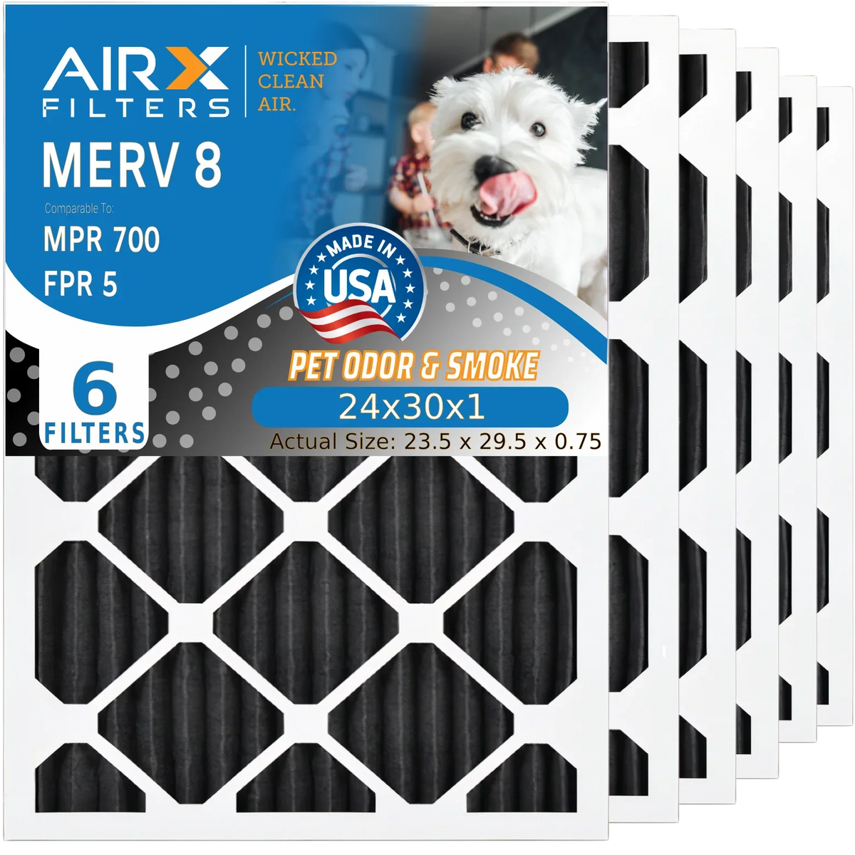 Premium Premium 24x30x1 Air Filter Odor Eliminator Carbon Filter MERV 8 Comparable to MPR 700 & FPR 5 AC HVAC Premium USA Made 24x30x1 Furnace Filters by AIRX FILTERS WICKED CLEAN AIR. 6 Pack - Great Deal!