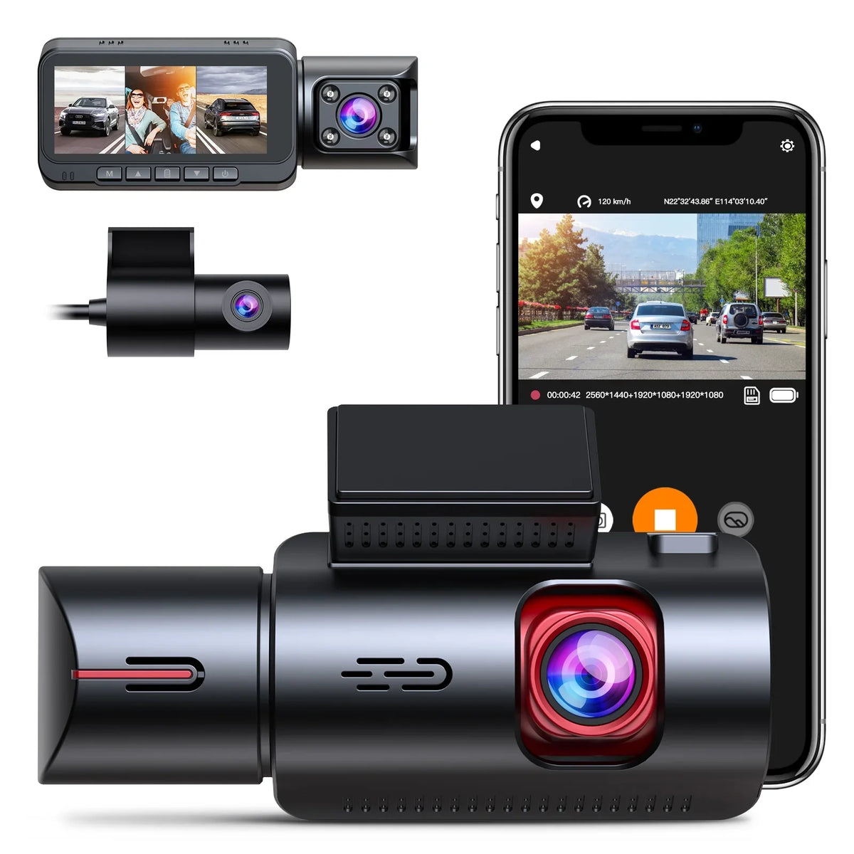 Premium WiFi 3 Channel Dash Cam 2K+1080P+1080P@30fps with GPS Speed, 4K Dual Dashcam Front and Inside, Triple Car Dash Camera with Type C Port, WDR, IR Night Vision, 170Â° Wide Angle, 24hr Parking Monitor
