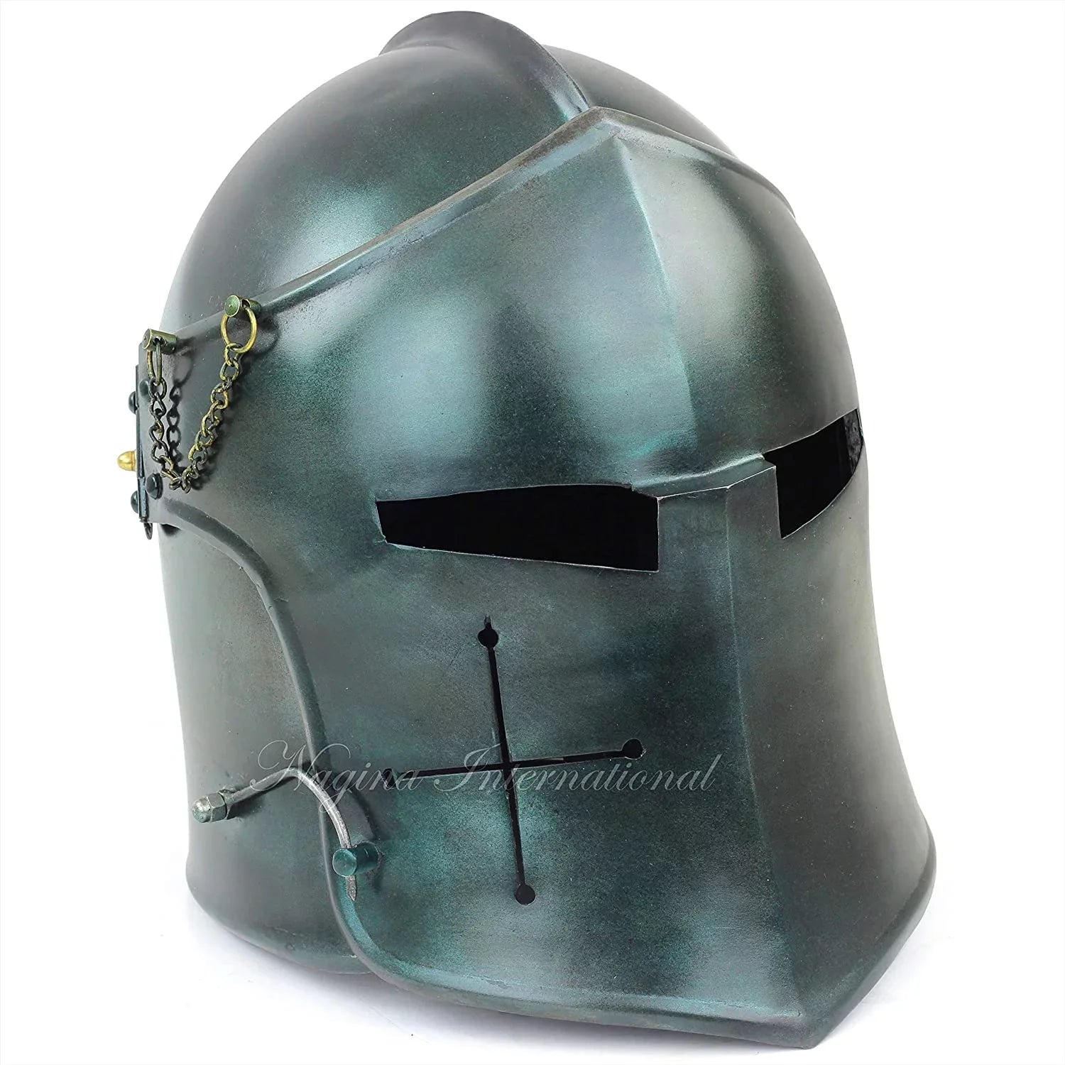 Premium Premium Nagina International Medieval Barbuta Visored Brushed Steel Knights Armory Templar Crusader's Helmet | Props & Costumes Helm for Larpers (Army Green)