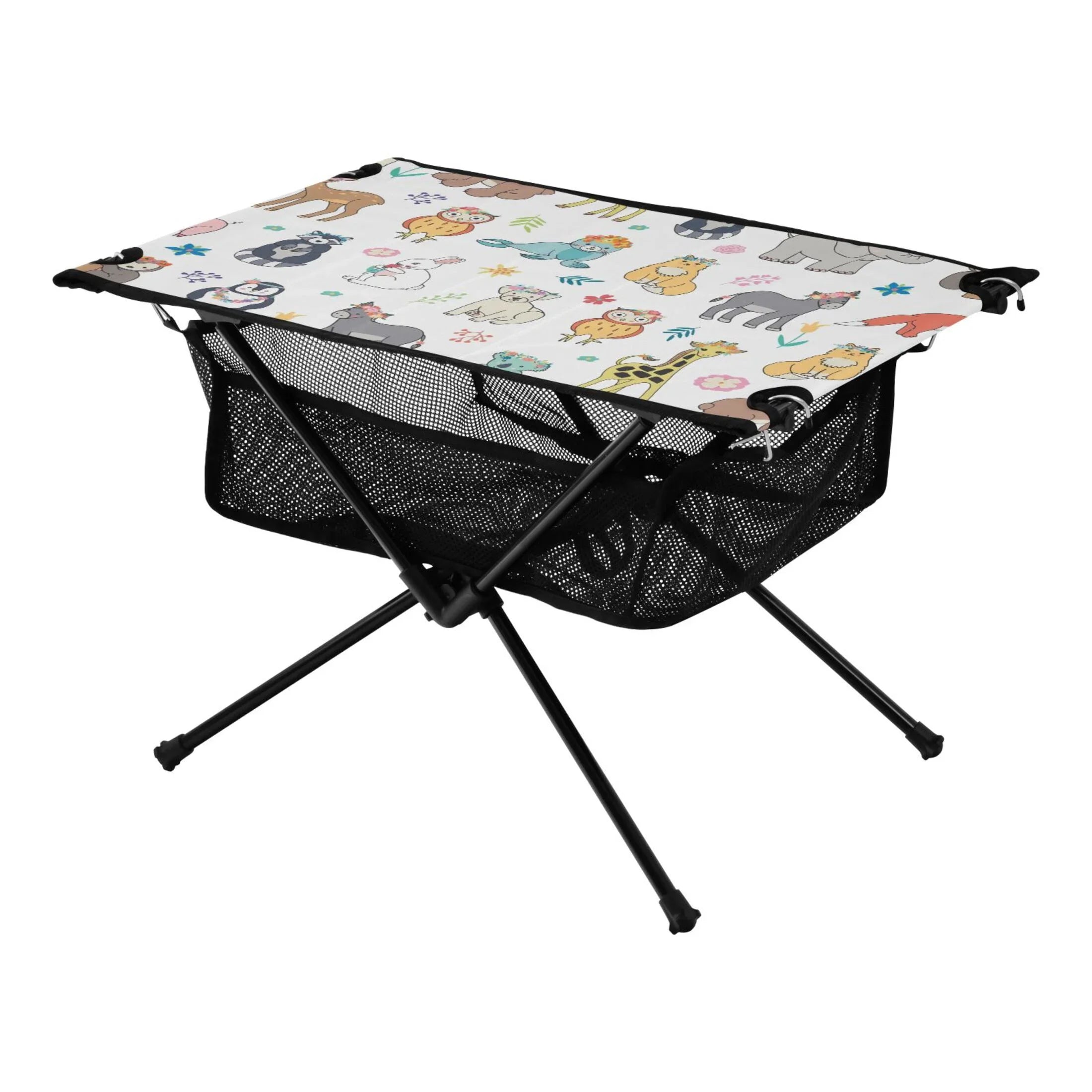 Cartoon Elephant Bear Giraffe Fox Camping Folding Table Portable Beach Table with Storage Bag Compact Picnic Table for Outdoor Travel Fishing BBQ