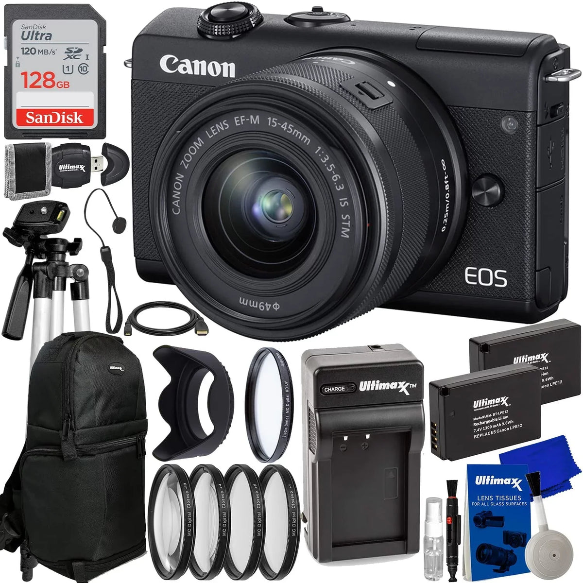 Premium Canon EOS M200 Mirrorless Digital Camera with 15-45mm Lens (Black) + 128GB Kit - Great Deal!