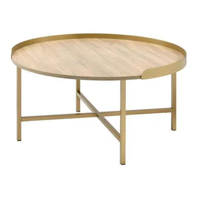 HomeRoots 490508 18 x 34 x 34 in. Gold & Oak Manufactured Wood & Metal Round Coffee Table - Great Deal!