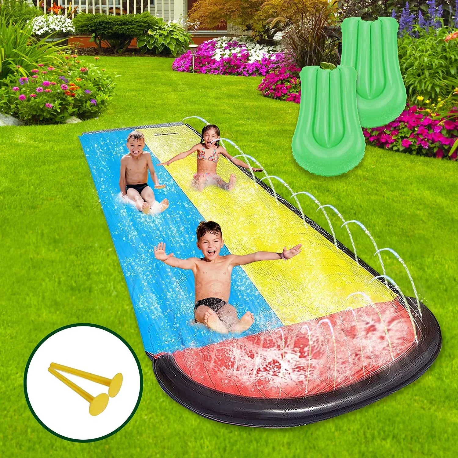 Premium Narcisur 15.5ft Inflatable Water Slide with Two Crash Pad and Sprinklers, Dual Racing Lanes for Backyard - Great Deal!