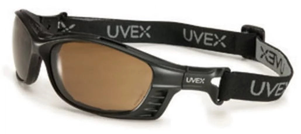 Premium Uvex by Honeywell Livewire Safety Glasses With Matte Black Frame And Expresso HydroShield Anti-Fog Lens With Head Strap