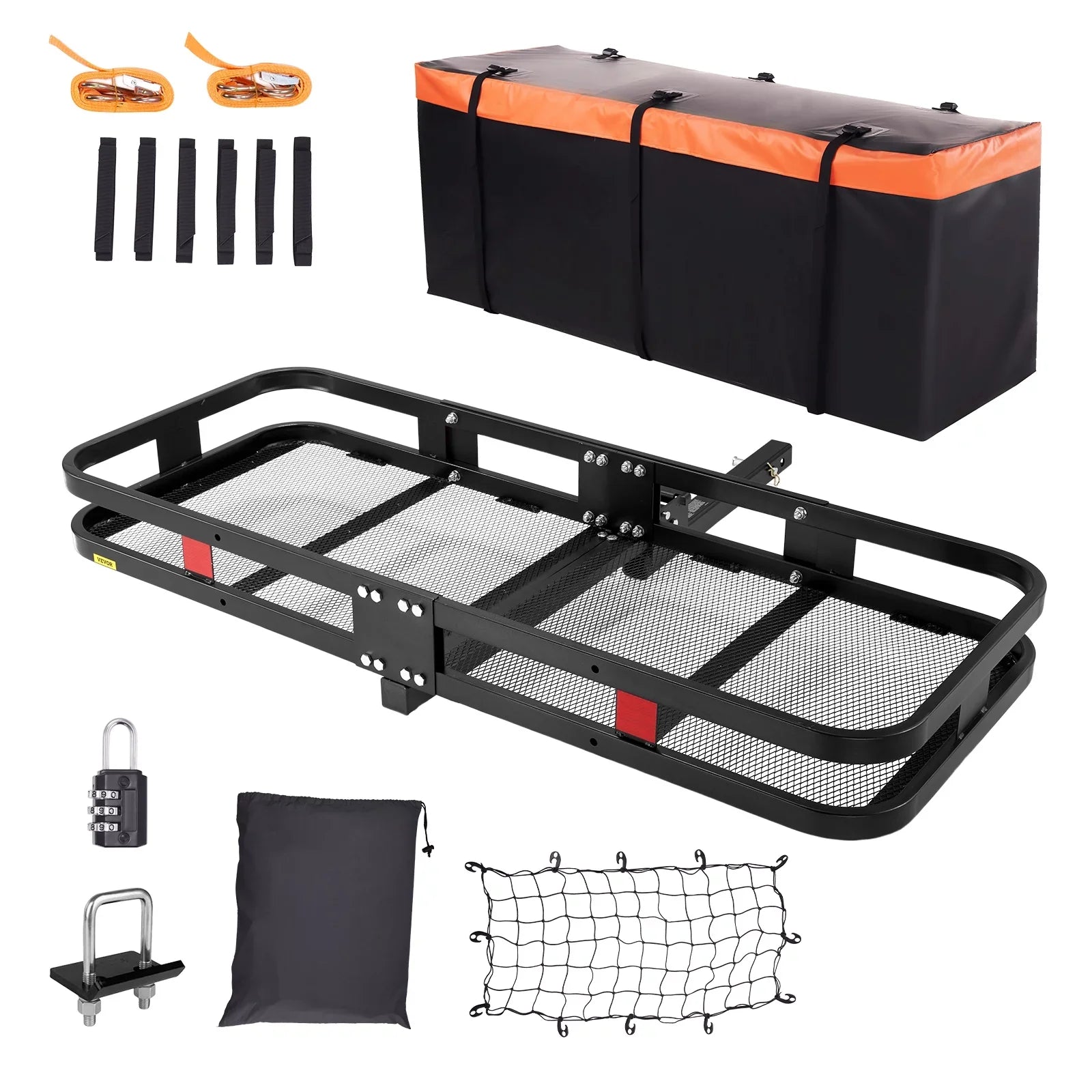 Premium BENTISM Hitch Mount Cargo Carrier 60x24x6in 500lb Foldable Steel Cargo Basket with Waterproof Bag Cargo Net Ratchet Straps Fits 2" Receiver - Great Deal!