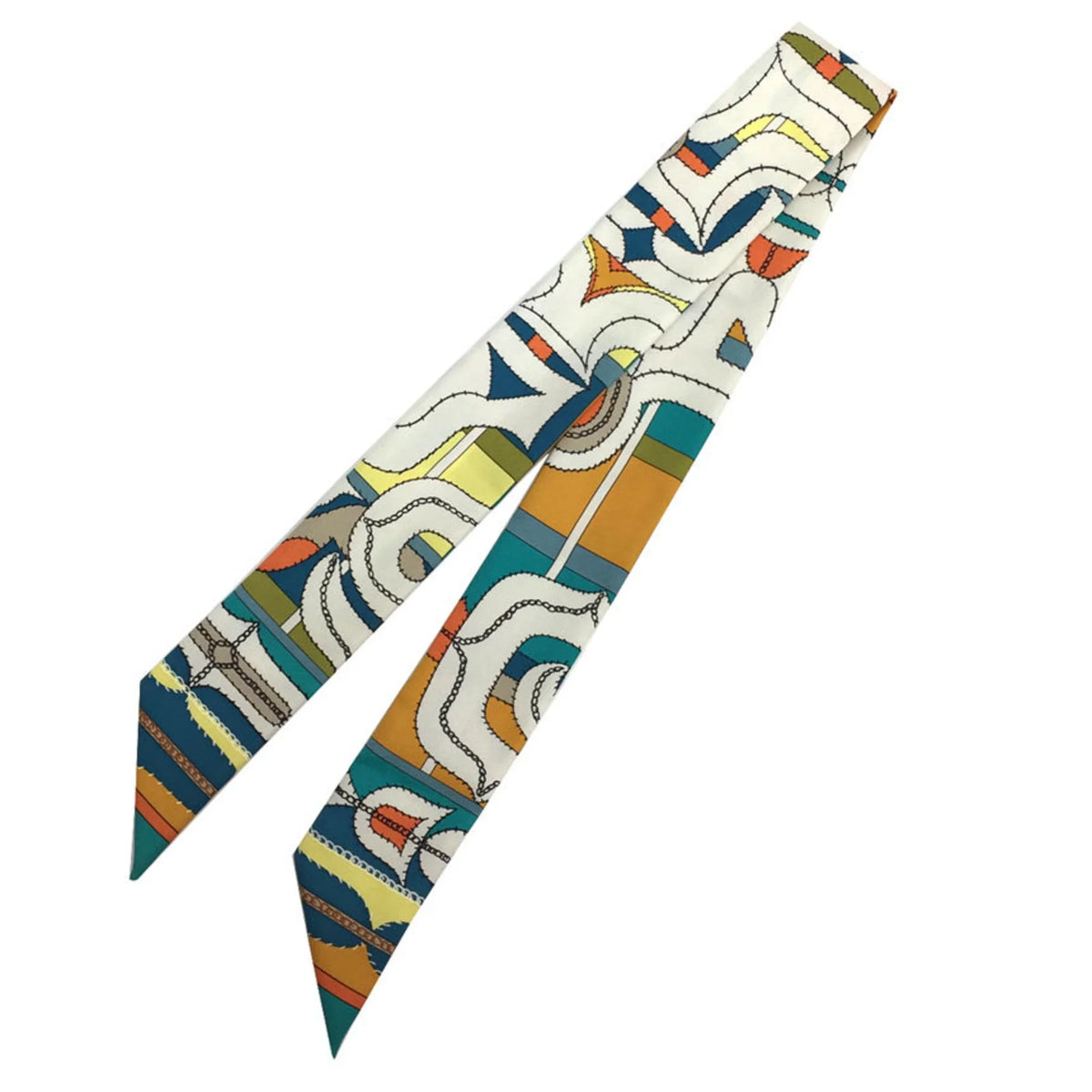 Premium Pre-Owned HERMES Twilly Scarf Muffler White x Orange Blue 100% Silk Hermes (Good) - Great Deal!