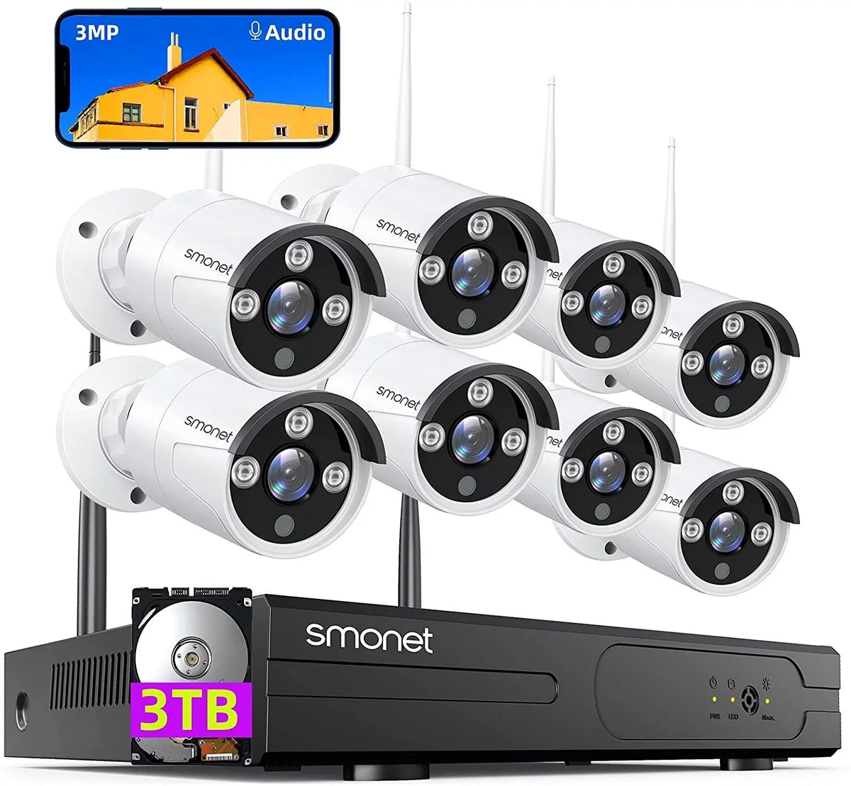 SMONET 3MP Wireless Security Camera System with Audio, 8Pcs 3MP Surveillance NVR Kits, 3TB Hard Drive,8CH 3MP Indoor Outdoor CCTV Cameras,P2P,Night Vision,AI Human Detection - Great Deal! - Great Deal!