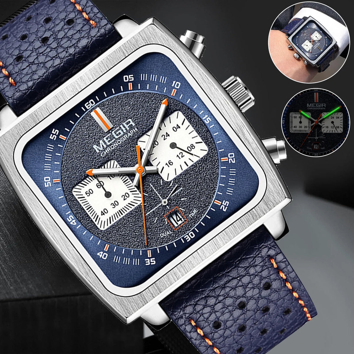 Premium Fashion MEGIR Square Men Watch Luminous Quartz Waterproof Calendar Leather Wrist