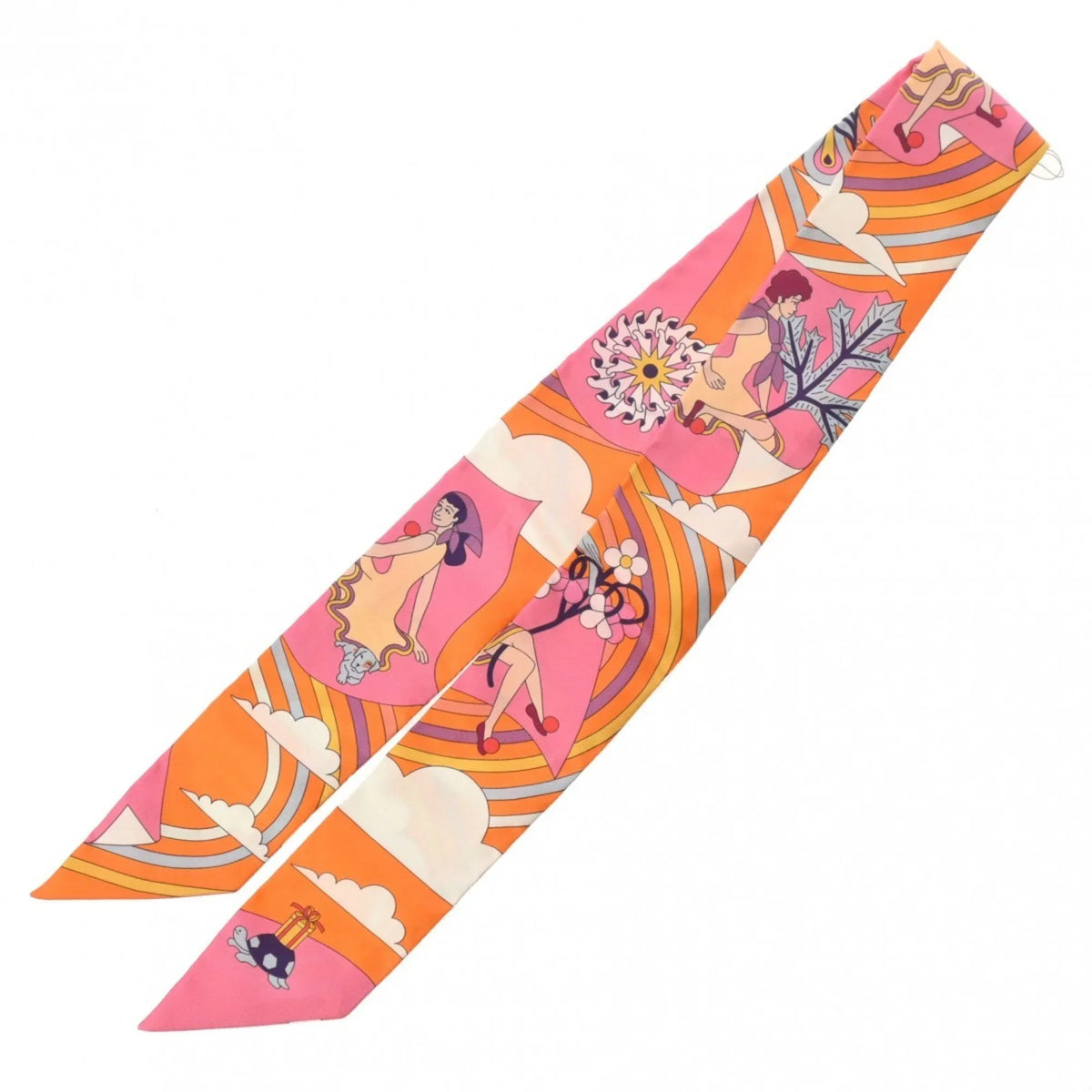Premium Pre-Owned HERMES Twilly Carres Volants Orange/Rose/Mauve - Women's 100% Silk Scarf Muffler (Like New) - Great Deal!