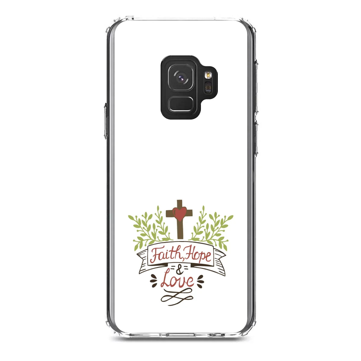 Premium DistinctInk Clear Shockproof Hybrid Case for Samsung Galaxy S9 (5.8" Screen) - TPU Bumper, Acrylic Back, Tempered Glass Screen Protector - Faith, Hope & Love - Cross & Leaves - Great Deal! - Great Deal!