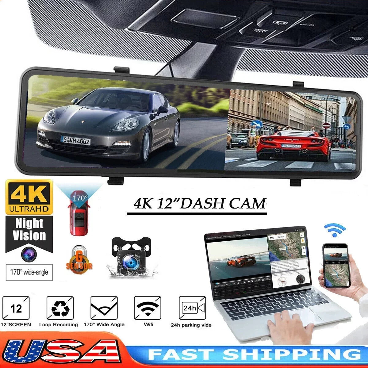 Premium Premium 4K Car Mirror Dash Cam 12" Dual Camera Front and Rear Backup Camera Super Night Vision, Parking Monitoring, Reversing Assistance - Great Deal! - Great Deal!